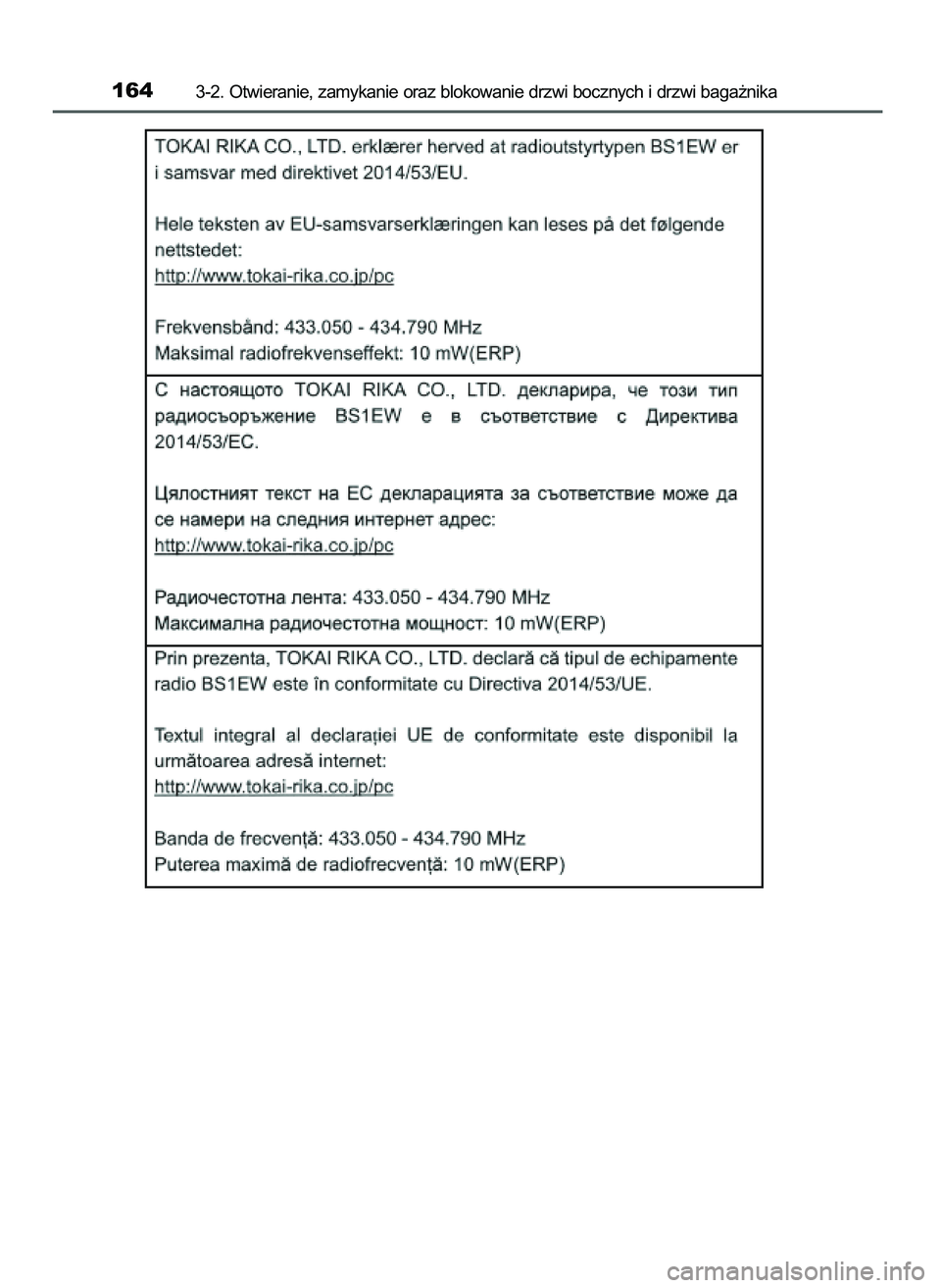 TOYOTA AYGO 2021  Instrukcja obsługi (in Polish) 1643-2. Otwieranie, zamykanie oraz blokowanie drzwi bocznych i drzwi baga˝nika
59 AYGO OM9A012E  25/11/20  16:45  Page 164    (Black plate) 