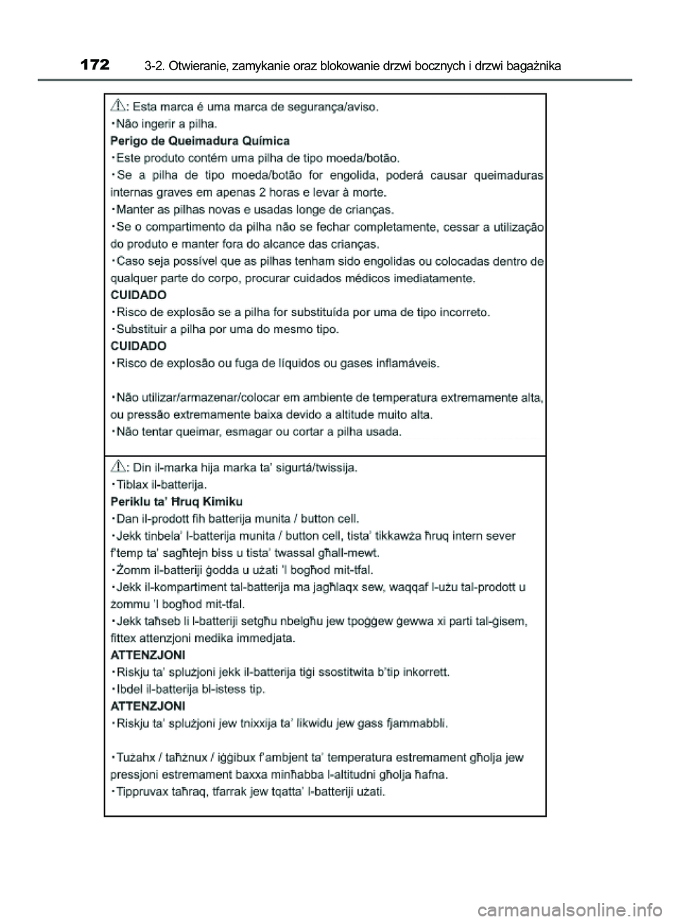 TOYOTA AYGO 2021  Instrukcja obsługi (in Polish) 1723-2. Otwieranie, zamykanie oraz blokowanie drzwi bocznych i drzwi baga˝nika
59 AYGO OM9A012E  25/11/20  16:45  Page 172    (Black plate) 