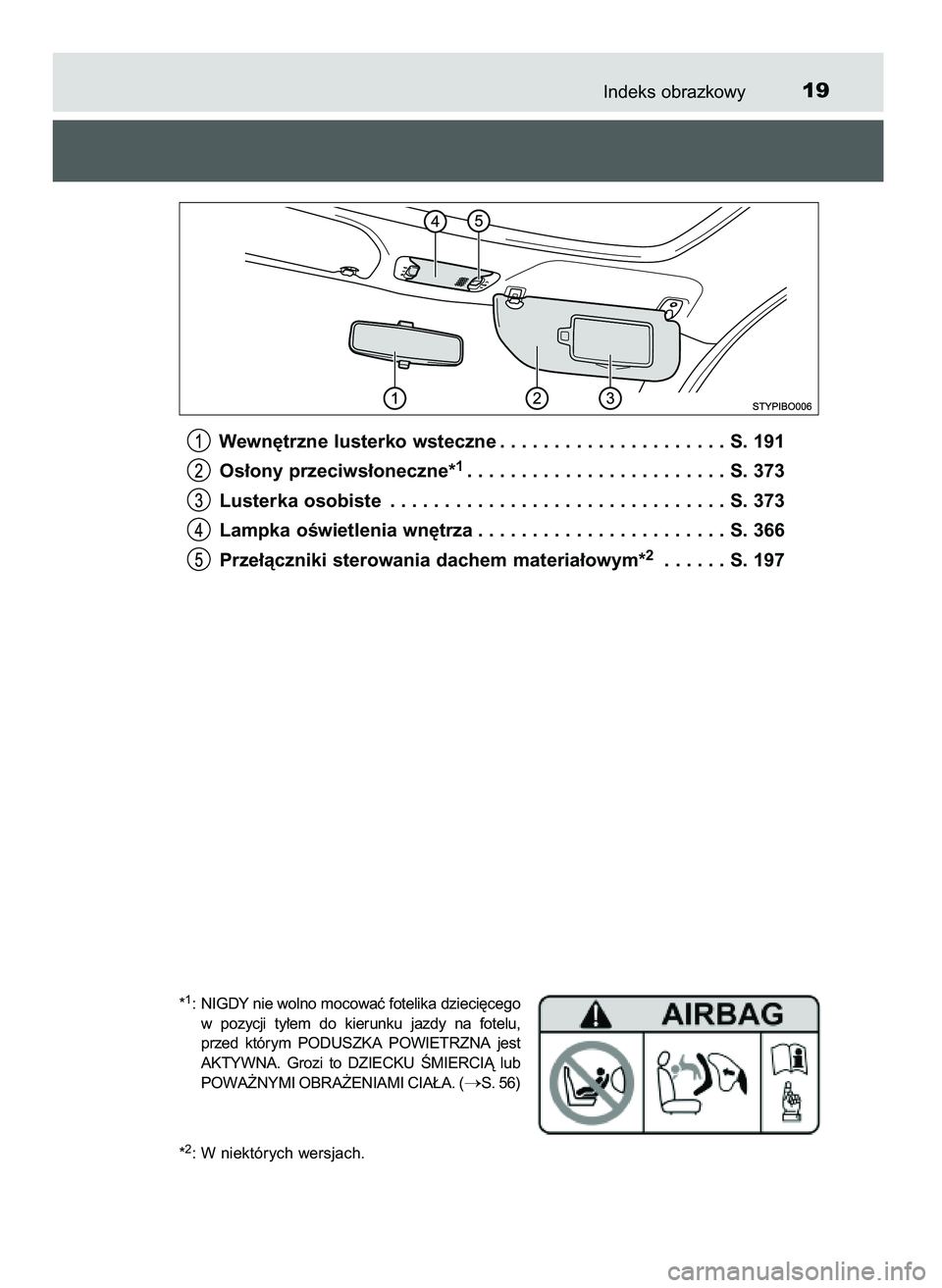 TOYOTA AYGO 2021  Instrukcja obsługi (in Polish) Indeks obrazkowy19
Wewn´trzne lusterko wsteczne . . . . . . . . . . . . . . . . . . . . . S. 191
Os∏ony przeciws∏oneczne*
1. . . . . . . . . . . . . . . . . . . . . . . . S. 373
Lusterka osobiste
