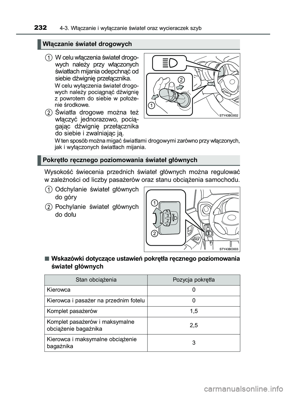 TOYOTA AYGO 2021  Instrukcja obsługi (in Polish) W celu w∏àczenia Êwiate∏ drogo-
wych  nale˝y  przy  w∏àczonych
Êwiat∏ach mijania odepchnàç od
siebie dêwigni´ prze∏àcznika.
W celu wy∏àczenia Êwiate∏ drogo-
wych  nale˝y  po