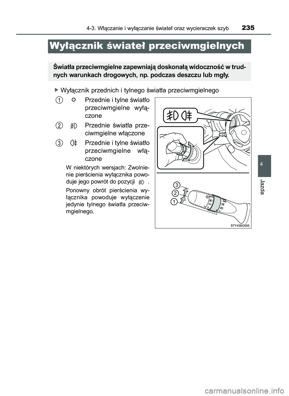 TOYOTA AYGO 2021  Instrukcja obsługi (in Polish) óWy∏àcznik przednich i tylnego Êwiat∏a przeciwmgielnego
Przednie i tylne Êwiat∏o
przeciwmgielne  wy∏à-
czone
Przednie  Êwiat∏a  prze-
ciwmgielne w∏àczone
Przednie i tylne Êwiat∏o