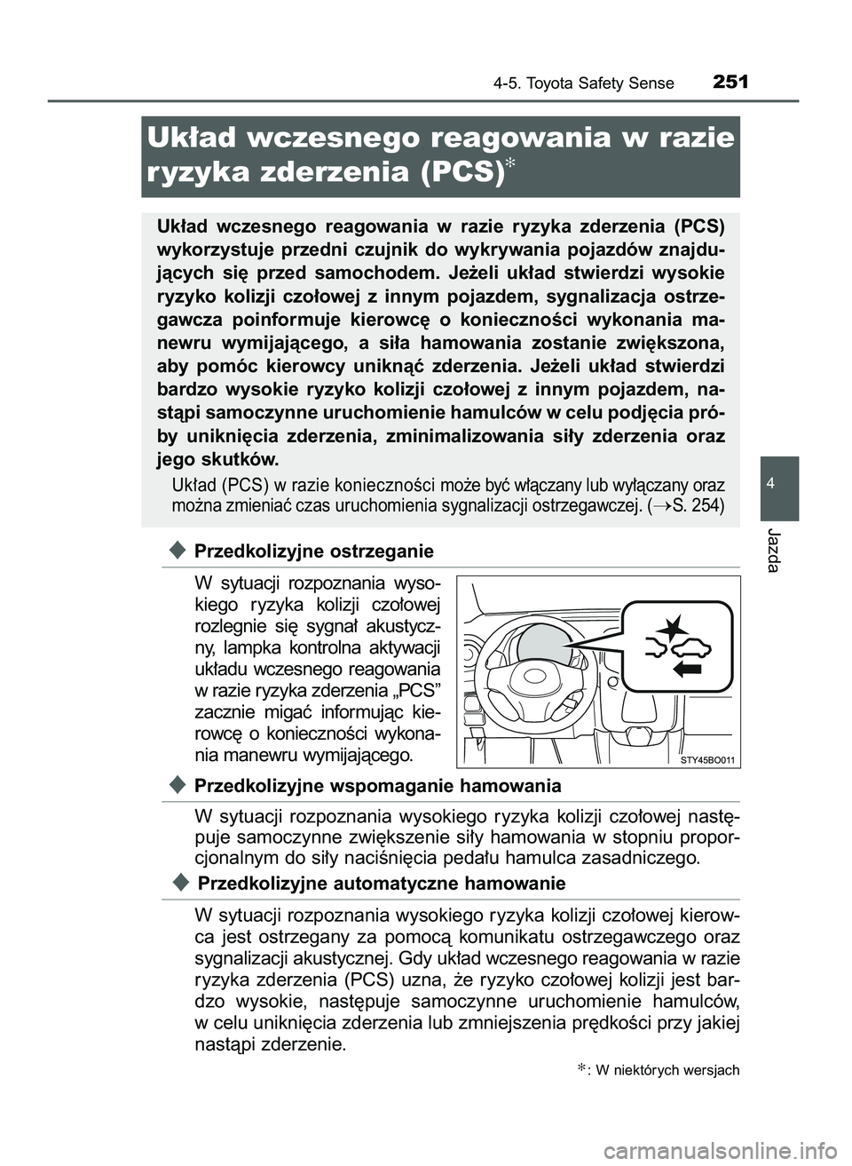 TOYOTA AYGO 2021  Instrukcja obsługi (in Polish) Przedkolizyjne ostrzeganie
W sytuacji  rozpoznania  wyso-
kiego  ryzyka  kolizji  czo∏owej
rozlegnie  si´  sygna∏  akustycz-
ny,  lampka  kontrolna  aktywacji
uk∏adu  wczesnego  reagowania
w r