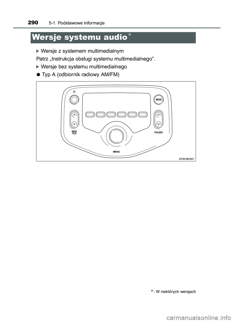 TOYOTA AYGO 2021  Instrukcja obsługi (in Polish) óWersje z systemem multimedialnym
Patrz „Instrukcja obs∏ugi systemu multimedialnego”.
óWersje bez systemu multimedialnego
Typ A (odbiornik radiowy AM/FM)
2905-1. Podstawowe informacje
Wersje s