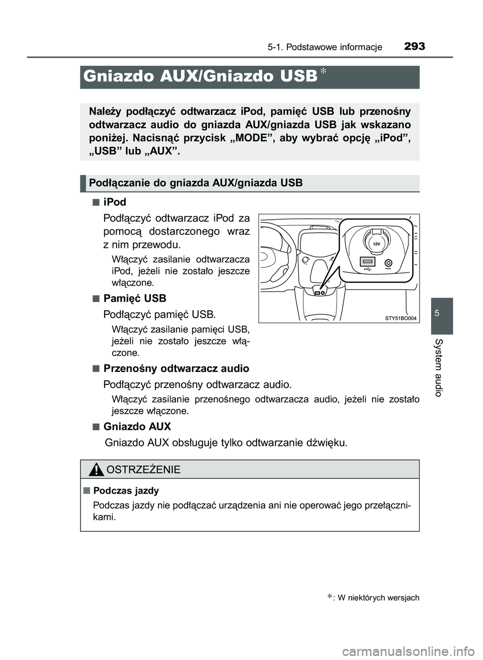 TOYOTA AYGO 2021  Instrukcja obsługi (in Polish) iPod
Pod∏àczyç  odtwarzacz  iPod  za
pomocà  dostarczonego  wraz
z nim przewodu.
W∏àczyç  zasilanie  odtwarzacza
iPod,  je˝eli  nie  zosta∏o  jeszcze
w∏àczone.
Pami´ç USB
Pod∏àczy