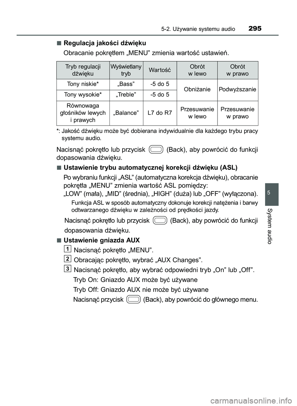 TOYOTA AYGO 2021  Instrukcja obsługi (in Polish) Regulacja jakoÊci dêwi´ku
Obracanie pokr´t∏em „MENU” zmienia war toÊç ustawieƒ.
*: JakoÊç dêwi´ku mo˝e byç dobierana indywidualnie dla ka˝dego trybu pracy
systemu audio.
Nacisnàç