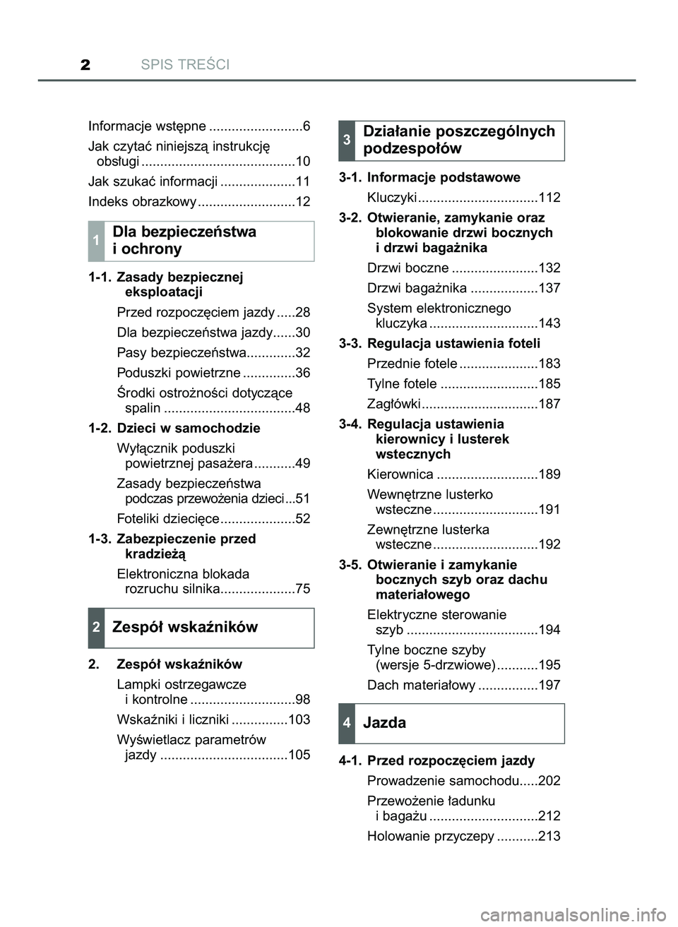 TOYOTA AYGO 2021  Instrukcja obsługi (in Polish) SPIS TREÂCI2
Informacje wst´pne .........................6
Jak czytaç niniejszà instrukcj´
obs∏ugi .........................................10
Jak szukaç informacji ....................11
Inde