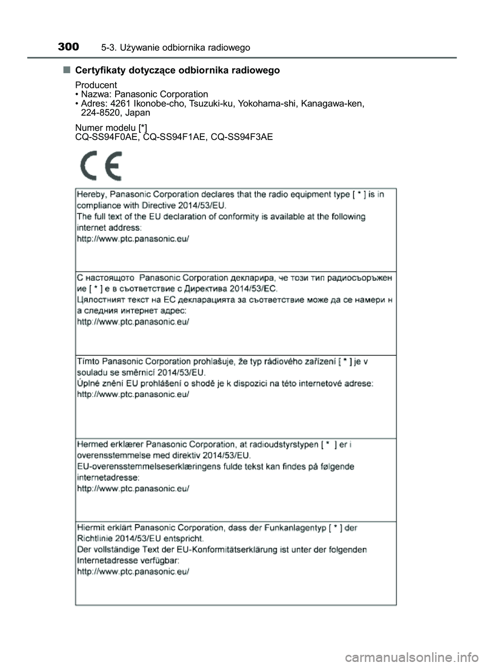 TOYOTA AYGO 2021  Instrukcja obsługi (in Polish) Certyfikaty dotyczàce odbiornika radiowego
3005-3. U˝ywanie odbiornika radiowego
Producent
• Nazwa: Panasonic Corporation
• Adres: 4261 Ikonobe-cho, Tsuzuki-ku, Yokohama-shi, Kanagawa-ken,
224-8
