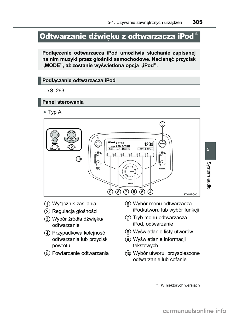 TOYOTA AYGO 2021  Instrukcja obsługi (in Polish) S. 293
óTyp A
5-4. U˝ywanie zewn´trznych urzàdzeƒ305
5
System audio
Odtwarzanie dêwi´ku z odtwarzacza iPod✻
Pod∏àczenie  odtwarzacza  iPod  umo˝liwia  s∏uchanie  zapisanej
na nim muzyk