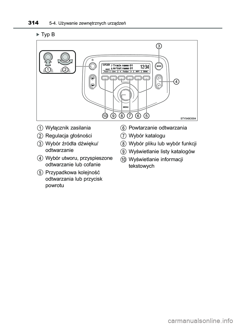 TOYOTA AYGO 2021  Instrukcja obsługi (in Polish) óTyp B
3145-4. U˝ywanie zewn´trznych urzàdzeƒ
Wy∏àcznik zasilania
Regulacja g∏oÊnoÊci
Wybór êród∏a dêwi´ku/
odtwarzanie
Wybór utworu, przyspieszone
odtwarzanie lub cofanie
Przypadk