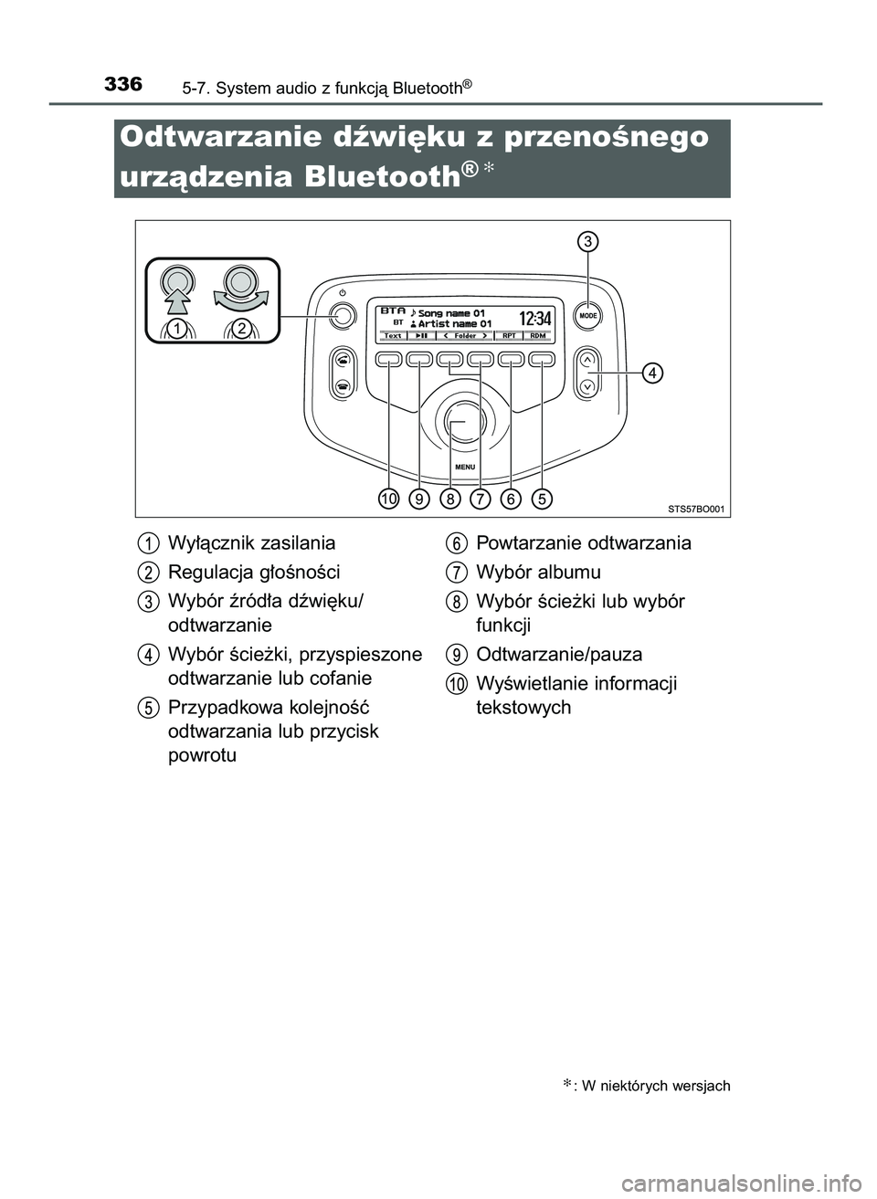 TOYOTA AYGO 2021  Instrukcja obsługi (in Polish) 3365-7. System audio z funkcjà Bluetooth®
Odtwarzanie dêwi´ku z przenoÊnego
urzàdzenia Bluetooth
®✻
Wy∏àcznik zasilania
Regulacja g∏oÊnoÊci
Wybór êród∏a dêwi´ku/
odtwarzanie
Wyb