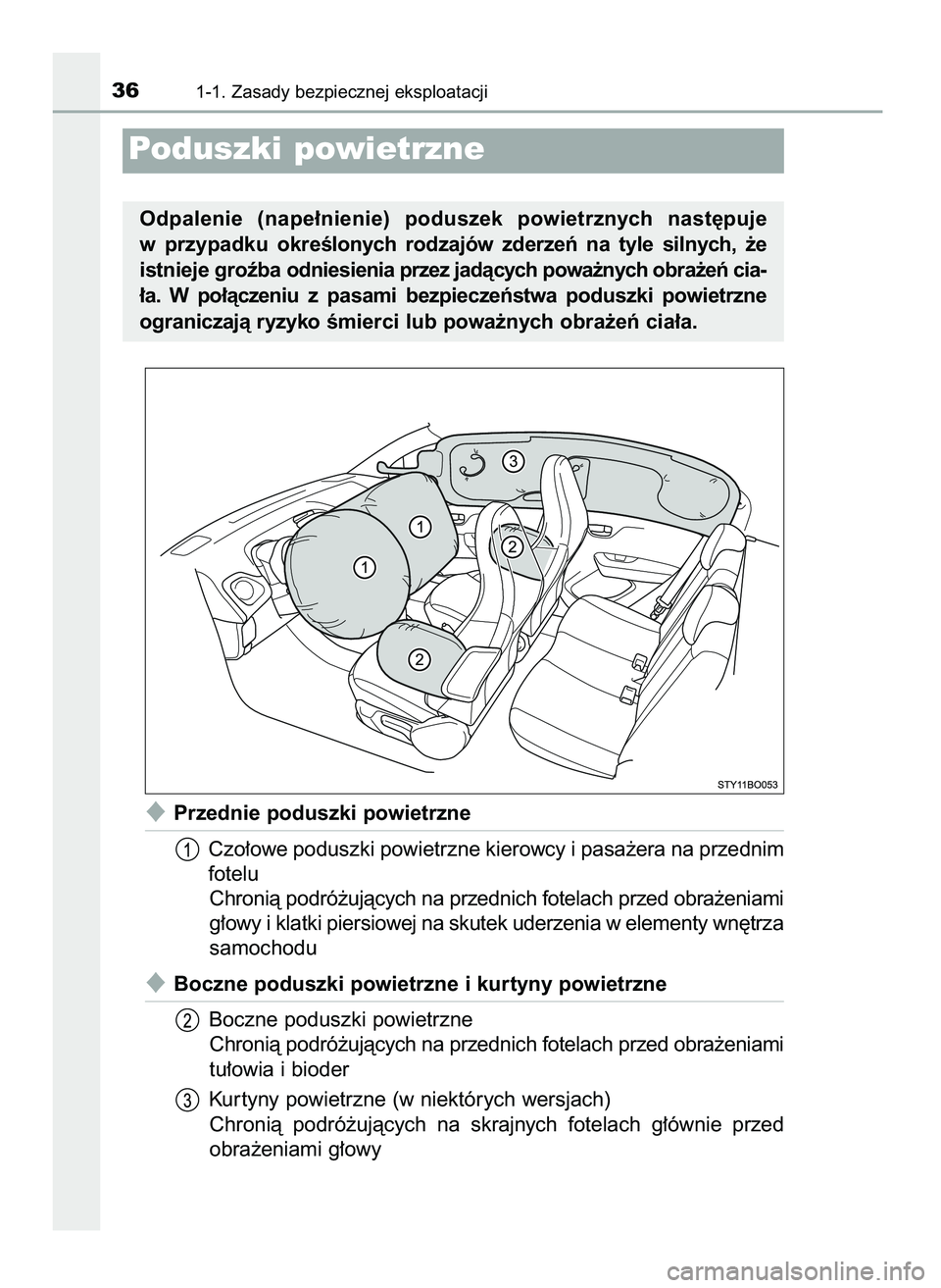 TOYOTA AYGO 2021  Instrukcja obsługi (in Polish) Przednie poduszki powietrzne
Czo∏owe poduszki powietrzne kierowcy i pasa˝era na przednim
fotelu
Chronià podró˝ujàcych na przednich fotelach przed obra˝eniami
g∏owy i klatki piersiowej na sk