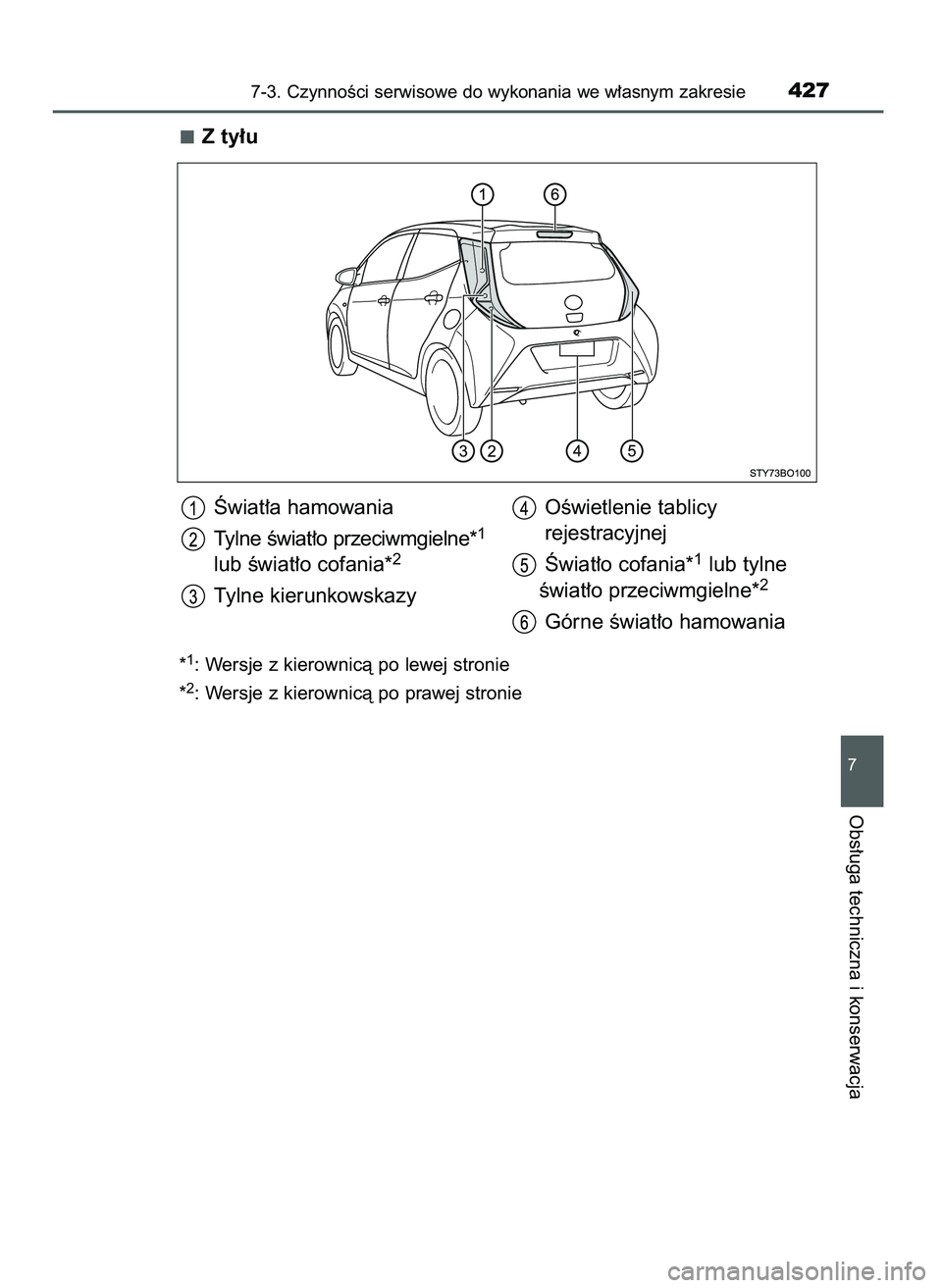 TOYOTA AYGO 2021  Instrukcja obsługi (in Polish) Z ty∏u
*1: Wersje z kierownicà po lewej stronie
*
2: Wersje z kierownicà po prawej stronie
7-3. CzynnoÊci serwisowe do wykonania we w∏asnym zakresie427
7
Obs∏uga techniczna i konserwacja
Âwi