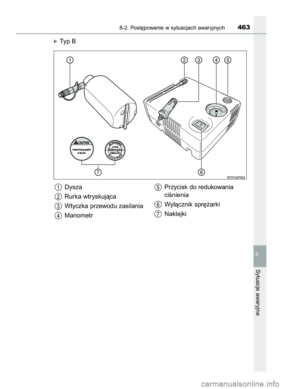 TOYOTA AYGO 2021  Instrukcja obsługi (in Polish) óTyp B
8-2. Post´powanie w sytuacjach awaryjnych463
8
Sytuacje awaryjne
Dysza
Rurka wtryskujàca
Wtyczka przewodu zasilania
ManometrPrzycisk do redukowania
ciÊnienia
Wy∏àcznik spr´˝arki
Naklej