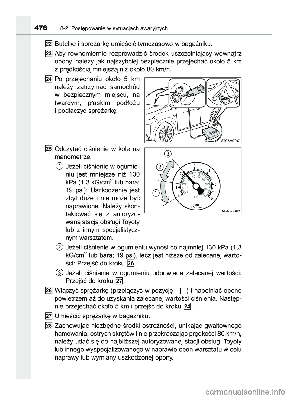 TOYOTA AYGO 2021 Instrukcja obsługi (in Polish) Butelk´ i spr´˝ark´ umieÊciç tymczasowo w baga˝niku.
Aby równomiernie rozprowadziç Êrodek uszczelniajàcy wewnàtrz
opony, nale˝y jak najszybciej bezpiecznie przejechaç oko∏o TOYOTA AYGO 2021 Instrukcja obsługi (in Polish) Butelk´ i spr´˝ark´ umieÊciç tymczasowo w baga˝niku.
Aby równomiernie rozprowadziç Êrodek uszczelniajàcy wewnàtrz
opony, nale˝y jak najszybciej bezpiecznie przejechaç oko∏o