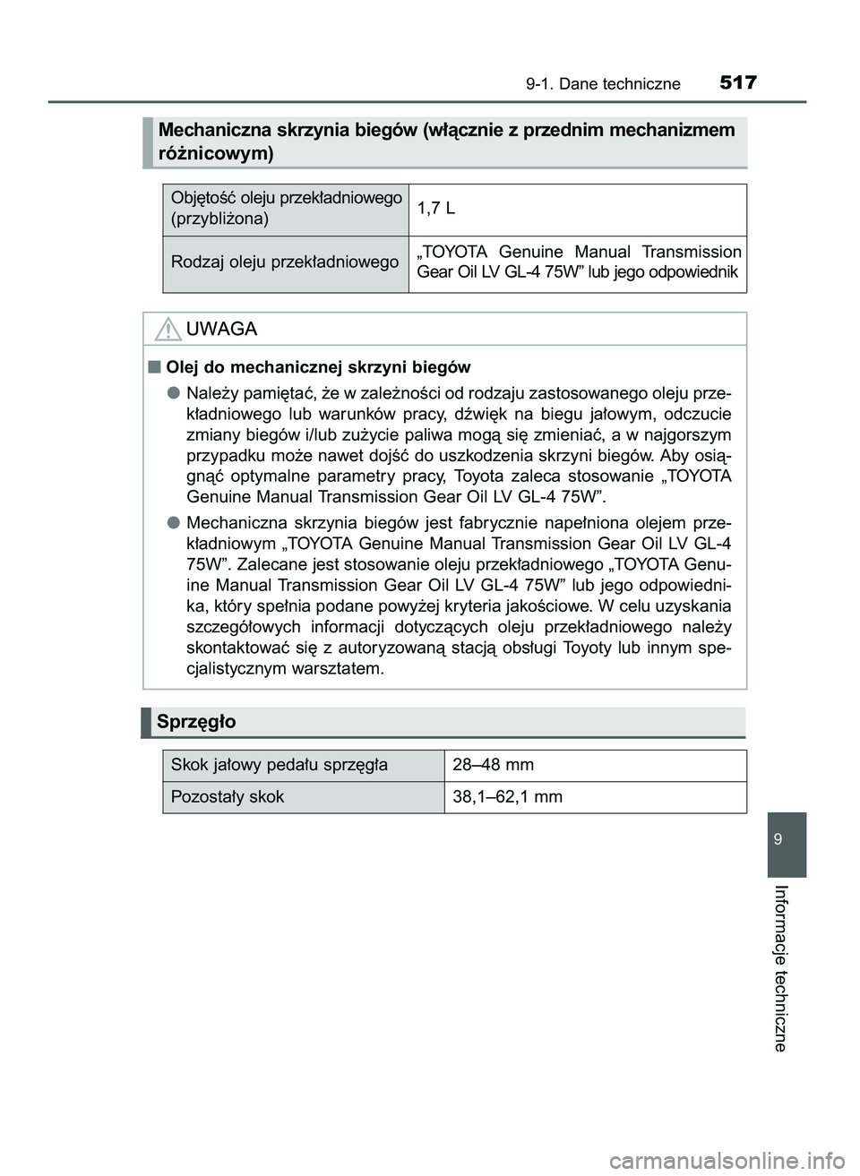 TOYOTA AYGO 2021 Instrukcja obsługi (in Polish) 9-1. Dane techniczne517
9
Informacje techniczne
Obj´toÊç oleju przek∏adniowego
(przybli˝ona)
Rodzaj oleju przek∏adniowego1,7 L
Skok ja∏owy peda∏u sprz´g∏a 28–48 mm
Pozosta∏y skok 38 TOYOTA AYGO 2021 Instrukcja obsługi (in Polish) 9-1. Dane techniczne517
9
Informacje techniczne
Obj´toÊç oleju przek∏adniowego
(przybli˝ona)
Rodzaj oleju przek∏adniowego1,7 L
Skok ja∏owy peda∏u sprz´g∏a 28–48 mm
Pozosta∏y skok 38