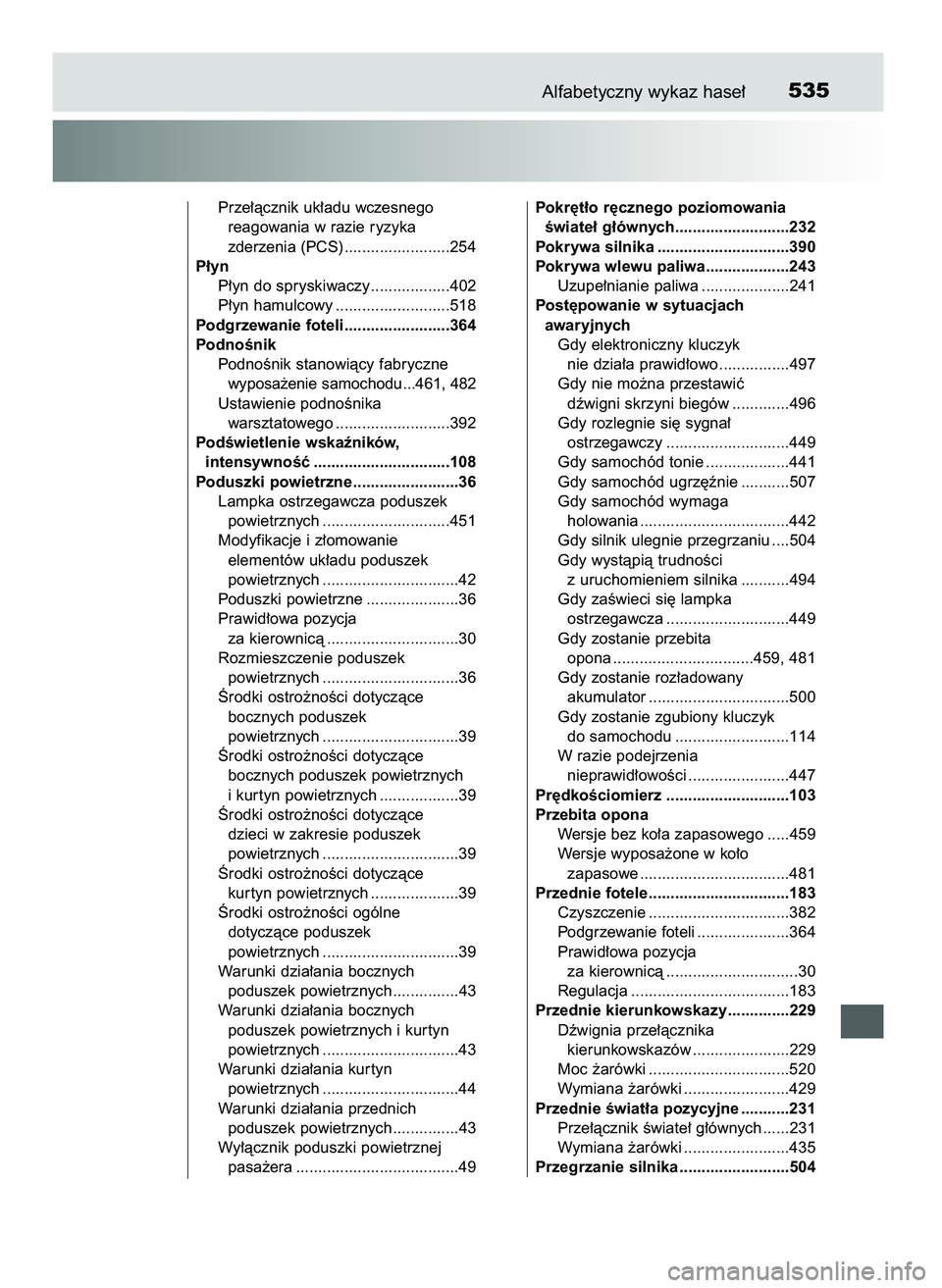 TOYOTA AYGO 2021 Instrukcja obsługi (in Polish) Alfabetyczny wykaz hase∏535
Prze∏àcznik uk∏adu wczesnego
reagowania w razie ryzyka
zderzenia (PCS) ........................254
P∏yn
P∏yn do spryskiwaczy..................402
P∏yn hamulc TOYOTA AYGO 2021 Instrukcja obsługi (in Polish) Alfabetyczny wykaz hase∏535
Prze∏àcznik uk∏adu wczesnego
reagowania w razie ryzyka
zderzenia (PCS) ........................254
P∏yn
P∏yn do spryskiwaczy..................402
P∏yn hamulc
