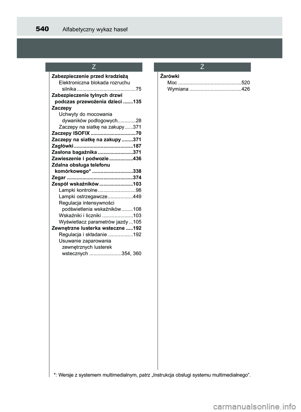 TOYOTA AYGO 2021 Instrukcja obsługi (in Polish) Alfabetyczny wykaz hase∏540
Zabezpieczenie przed kradzie˝à
Elektroniczna blokada rozruchu
silnika ..........................................75
Zabezpieczenie tylnych drzwi
podczas przewo˝enia d TOYOTA AYGO 2021 Instrukcja obsługi (in Polish) Alfabetyczny wykaz hase∏540
Zabezpieczenie przed kradzie˝à
Elektroniczna blokada rozruchu
silnika ..........................................75
Zabezpieczenie tylnych drzwi
podczas przewo˝enia d