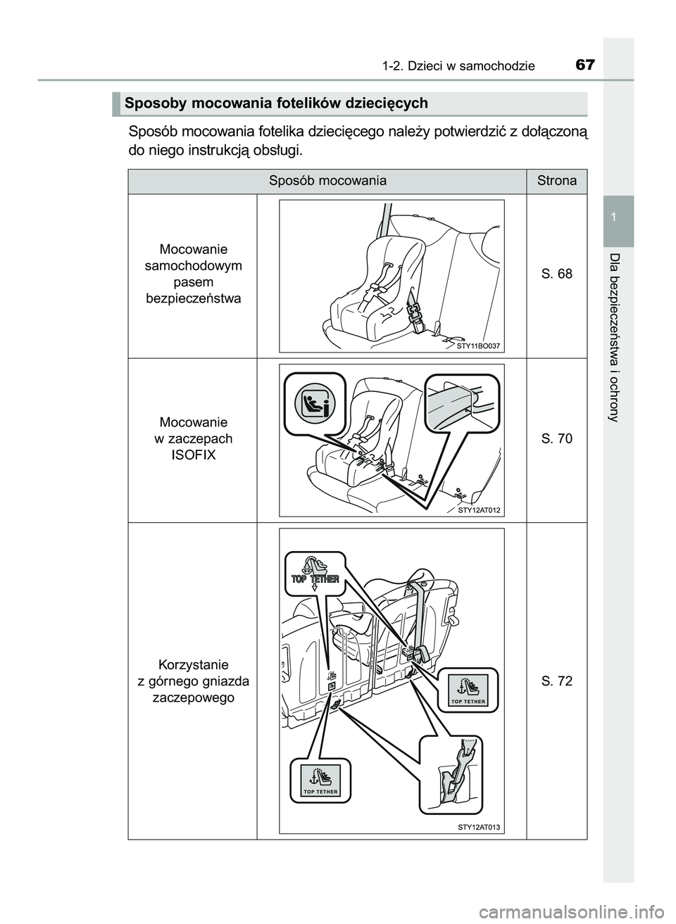 TOYOTA AYGO 2021  Instrukcja obsługi (in Polish) Sposób mocowania fotelika dzieci´cego nale˝y potwierdziç z do∏àczonà
do niego instrukcjà obs∏ugi.
1-2. Dzieci w samochodzie67
1
Dla bezpieczeƒstwa i ochrony
Sposoby mocowania fotelików dz