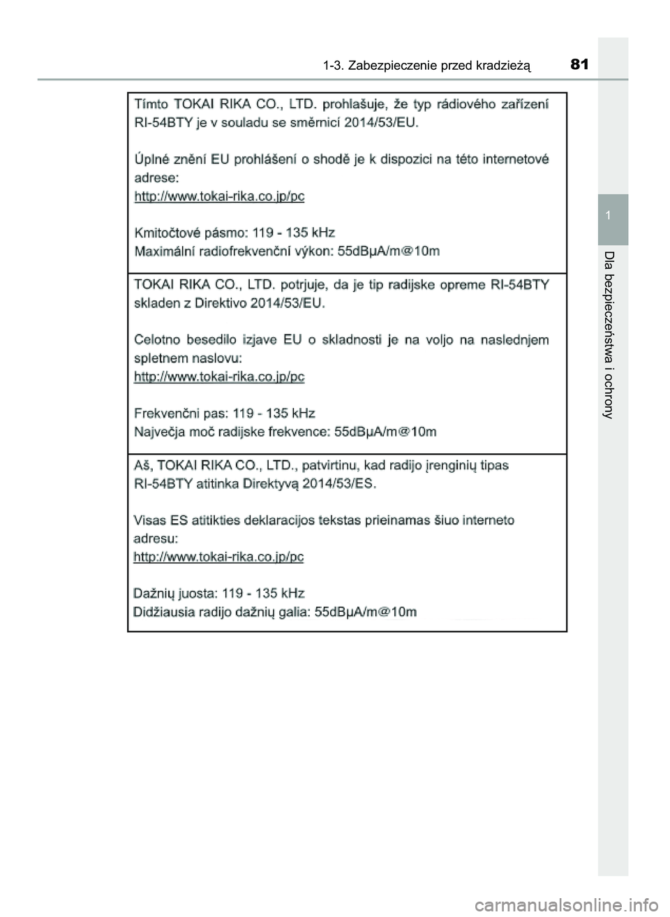 TOYOTA AYGO 2021 Instrukcja obsługi (in Polish) 1-3. Zabezpieczenie przed kradzie˝à81
1
Dla bezpieczeƒstwa i ochrony
59 AYGO OM9A012E 25/11/20 16:45 Page 81 (Black plate) TOYOTA AYGO 2021 Instrukcja obsługi (in Polish) 1-3. Zabezpieczenie przed kradzie˝à81
1
Dla bezpieczeƒstwa i ochrony
59 AYGO OM9A012E 25/11/20 16:45 Page 81 (Black plate)
