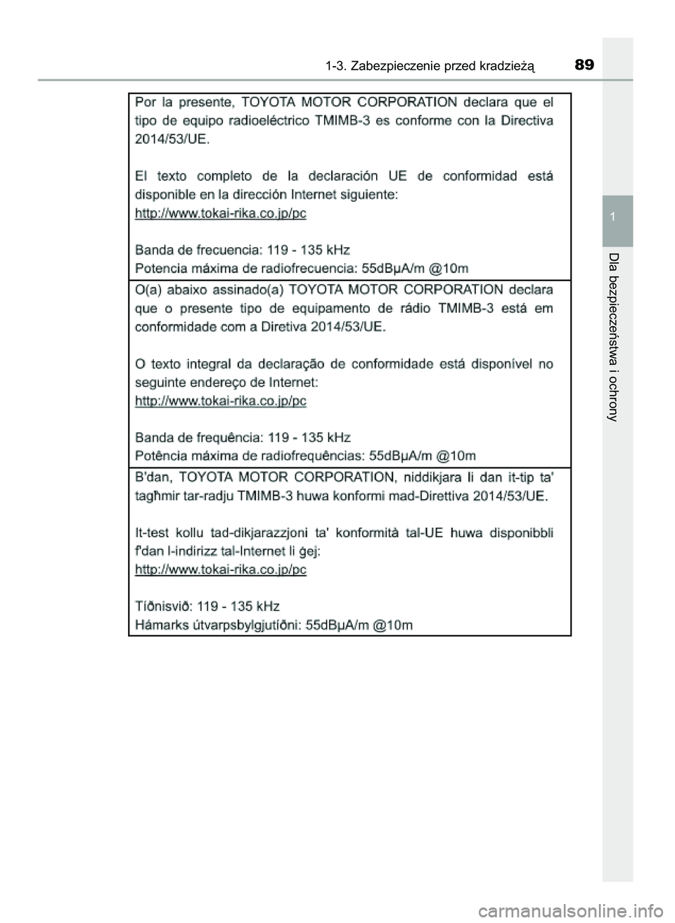 TOYOTA AYGO 2021  Instrukcja obsługi (in Polish) 1-3. Zabezpieczenie przed kradzie˝à89
1
Dla bezpieczeƒstwa i ochrony
59 AYGO OM9A012E  25/11/20  16:45  Page 89    (Black plate) 
