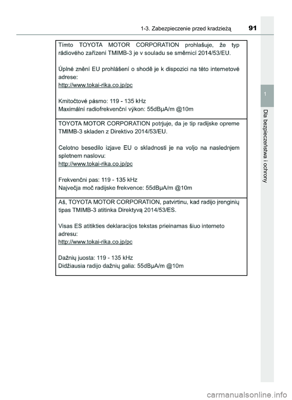 TOYOTA AYGO 2021  Instrukcja obsługi (in Polish) 1-3. Zabezpieczenie przed kradzie˝à91
1
Dla bezpieczeƒstwa i ochrony
59 AYGO OM9A012E  25/11/20  16:45  Page 91    (Black plate) 