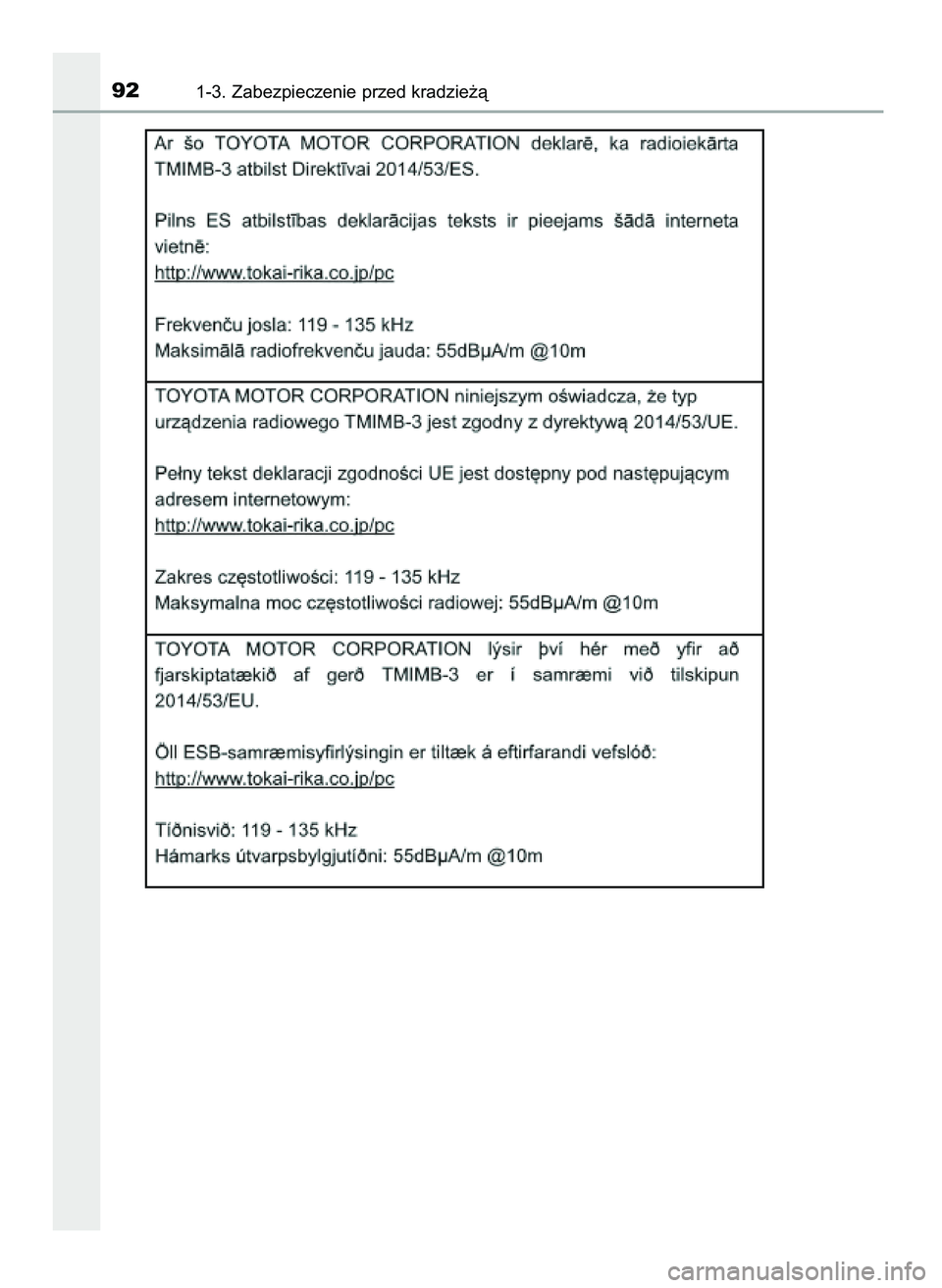 TOYOTA AYGO 2021  Instrukcja obsługi (in Polish) 921-3. Zabezpieczenie przed kradzie˝à
59 AYGO OM9A012E  25/11/20  16:45  Page 92    (Black plate) 