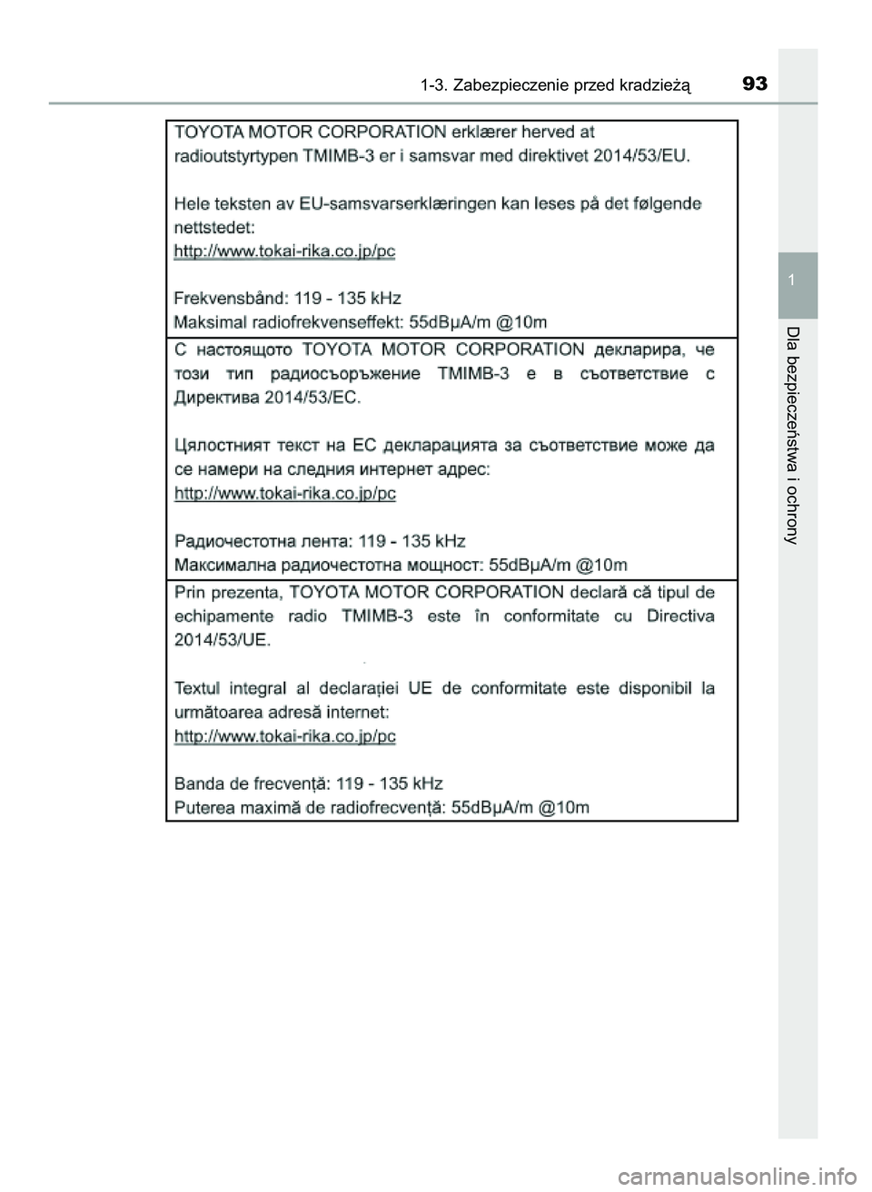 TOYOTA AYGO 2021  Instrukcja obsługi (in Polish) 1-3. Zabezpieczenie przed kradzie˝à93
1
Dla bezpieczeƒstwa i ochrony
59 AYGO OM9A012E  25/11/20  16:45  Page 93    (Black plate) 
