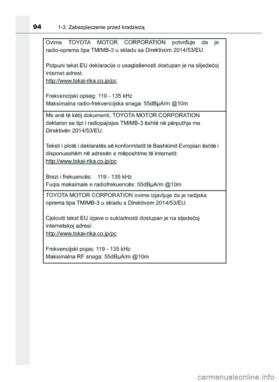 TOYOTA AYGO 2021  Instrukcja obsługi (in Polish) 941-3. Zabezpieczenie przed kradzie˝à
59 AYGO OM9A012E  25/11/20  16:45  Page 94    (Black plate) 