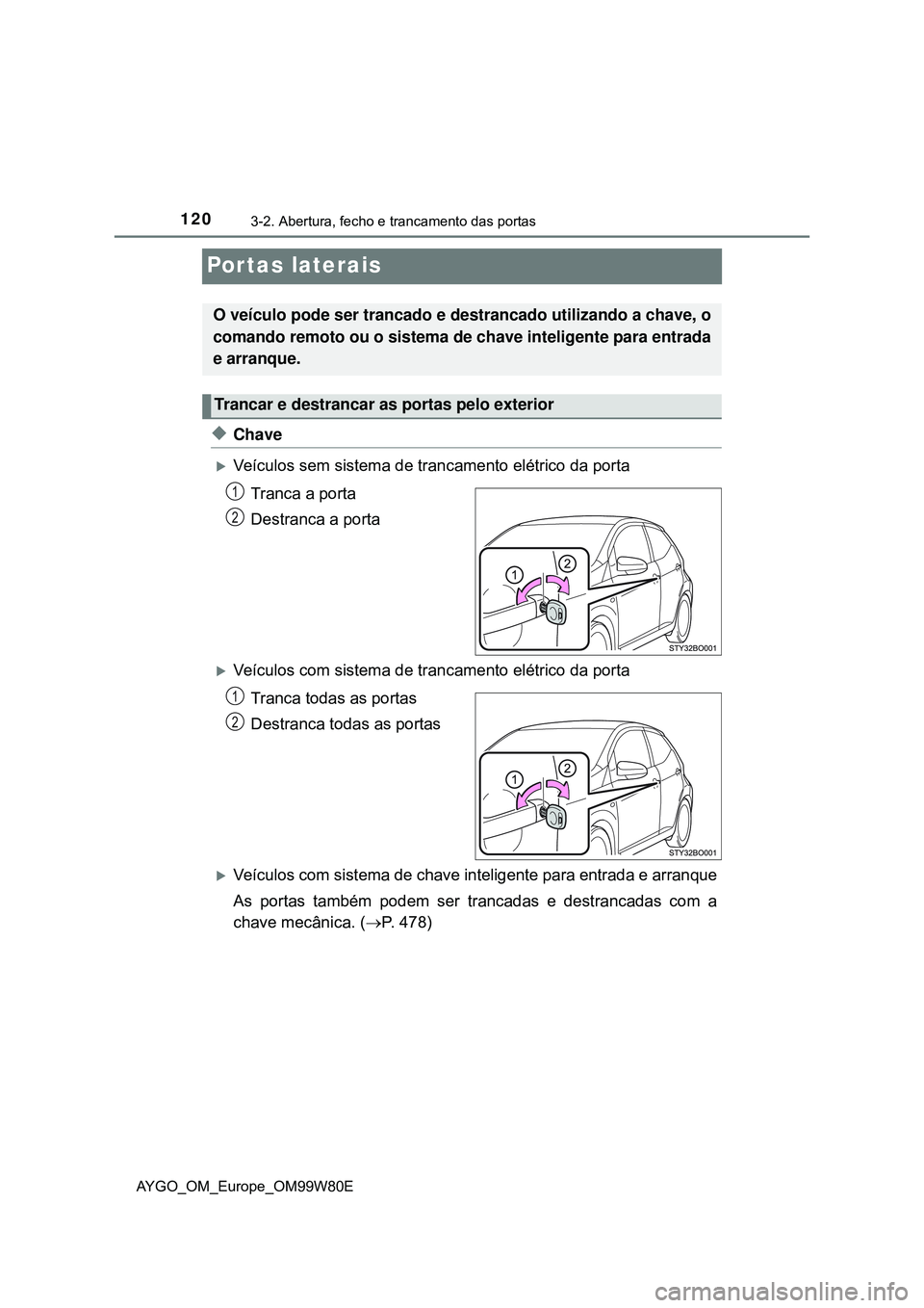 TOYOTA AYGO 2021 Manual de utilização (in Portuguese) 1203-2. Abertura, fecho e trancamento das portas
AYGO_OM_Europe_OM99W80E
Portas laterais
Chave
Veículos sem sistema de trancamento elétrico da porta
Tranca a porta
Destranca a porta
Veícul TOYOTA AYGO 2021 Manual de utilização (in Portuguese) 1203-2. Abertura, fecho e trancamento das portas
AYGO_OM_Europe_OM99W80E
Portas laterais
Chave
Veículos sem sistema de trancamento elétrico da porta
Tranca a porta
Destranca a porta
Veícul