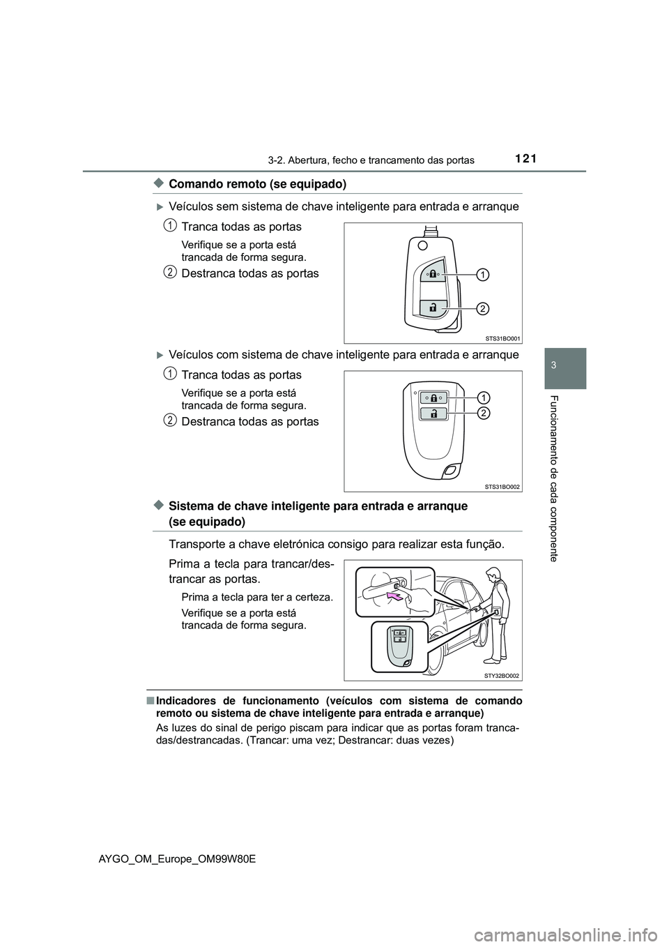 TOYOTA AYGO 2021 Manual de utilização (in Portuguese) 1213-2. Abertura, fecho e trancamento das portas
3
Funcionamento de cada componente
AYGO_OM_Europe_OM99W80E
Comando remoto (se equipado)
Veículos sem sistema de chave inteligente para entrada e TOYOTA AYGO 2021 Manual de utilização (in Portuguese) 1213-2. Abertura, fecho e trancamento das portas
3
Funcionamento de cada componente
AYGO_OM_Europe_OM99W80E
Comando remoto (se equipado)
Veículos sem sistema de chave inteligente para entrada e