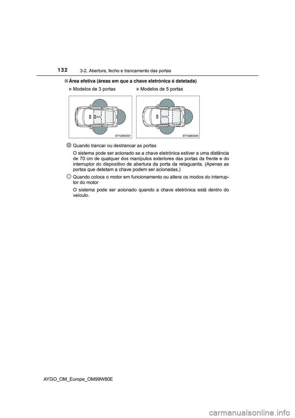 TOYOTA AYGO 2021 Manual de utilização (in Portuguese) 1323-2. Abertura, fecho e trancamento das portas
AYGO_OM_Europe_OM99W80EÁrea efetiva (áreas em que a chave eletrónica é detetada)
Quando trancar ou destrancar as portas
O sistema pode ser acion TOYOTA AYGO 2021 Manual de utilização (in Portuguese) 1323-2. Abertura, fecho e trancamento das portas
AYGO_OM_Europe_OM99W80EÁrea efetiva (áreas em que a chave eletrónica é detetada)
Quando trancar ou destrancar as portas
O sistema pode ser acion