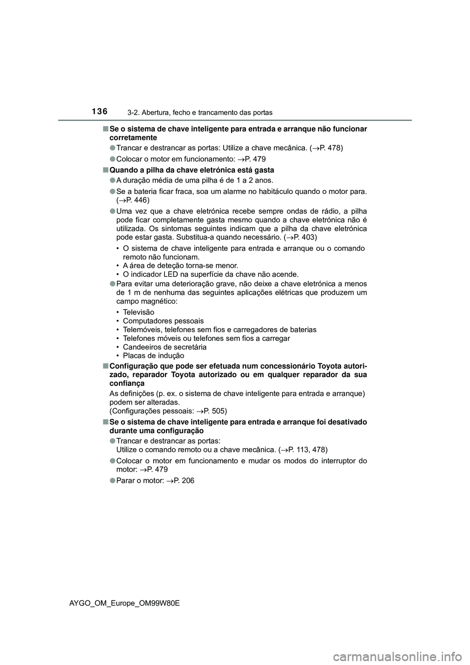 TOYOTA AYGO 2021  Manual de utilização (in Portuguese) 1363-2. Abertura, fecho e trancamento das portas
AYGO_OM_Europe_OM99W80ESe o sistema de chave inteligente para entrada e arranque não funcionar
corretamente
Trancar e destrancar as portas: Util