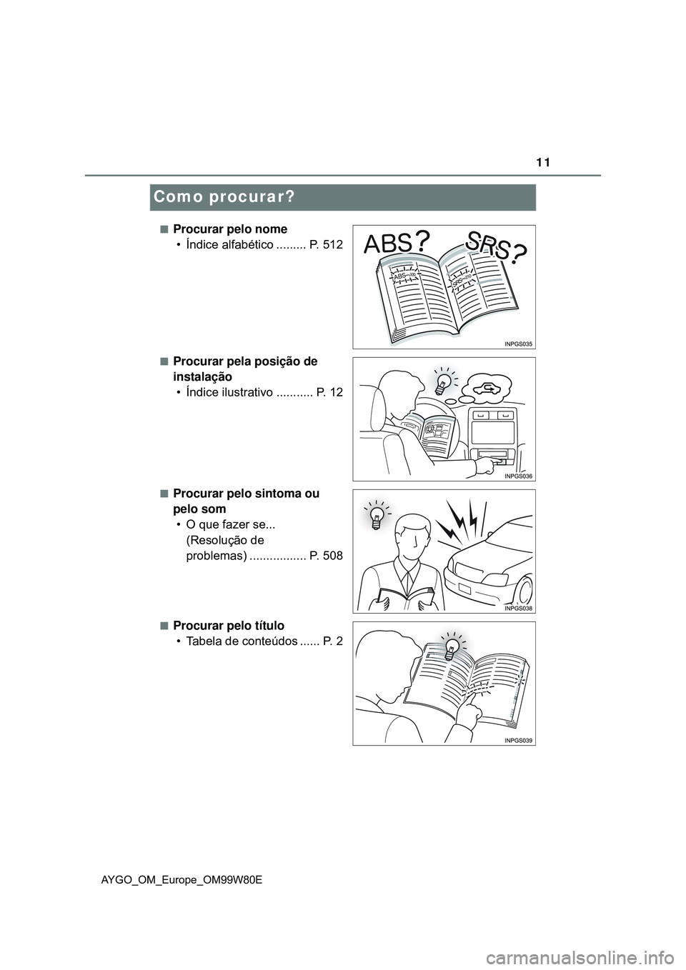 TOYOTA AYGO 2021 Manual de utilização (in Portuguese) 11
AYGO_OM_Europe_OM99W80E
Como procurar?
Procurar pelo nome
• Índice alfabético ......... P. 512
Procurar pela posição de
instalação
• Índice ilustrativo ........... P. 12
Procur TOYOTA AYGO 2021 Manual de utilização (in Portuguese) 11
AYGO_OM_Europe_OM99W80E
Como procurar?
Procurar pelo nome
• Índice alfabético ......... P. 512
Procurar pela posição de
instalação
• Índice ilustrativo ........... P. 12
Procur