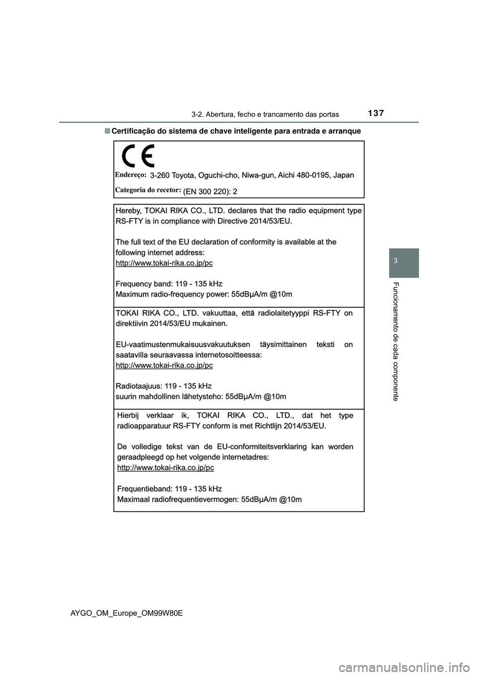 TOYOTA AYGO 2021 Manual de utilização (in Portuguese) 1373-2. Abertura, fecho e trancamento das portas
3
Funcionamento de cada componente
AYGO_OM_Europe_OM99W80ECertificação do sistema de chave inteligente para entrada e arranque
Endereço:
Categori TOYOTA AYGO 2021 Manual de utilização (in Portuguese) 1373-2. Abertura, fecho e trancamento das portas
3
Funcionamento de cada componente
AYGO_OM_Europe_OM99W80ECertificação do sistema de chave inteligente para entrada e arranque
Endereço:
Categori