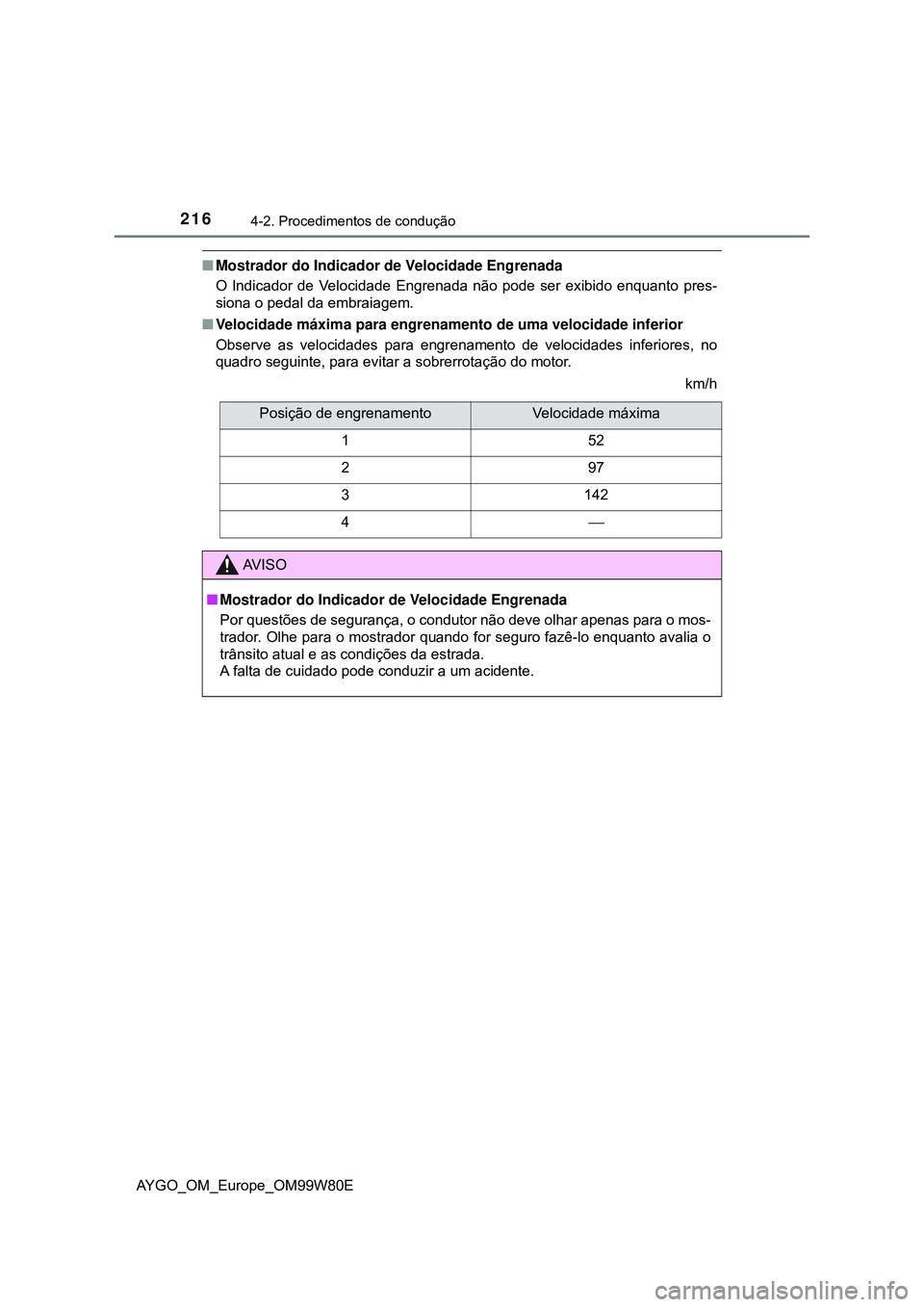 TOYOTA AYGO 2021 Manual de utilização (in Portuguese) 2164-2. Procedimentos de condução
AYGO_OM_Europe_OM99W80E
Mostrador do Indicador de Velocidade Engrenada
O Indicador de Velocidade Engrenada não pode ser exibido enquanto pres-
siona o pedal da TOYOTA AYGO 2021 Manual de utilização (in Portuguese) 2164-2. Procedimentos de condução
AYGO_OM_Europe_OM99W80E
Mostrador do Indicador de Velocidade Engrenada
O Indicador de Velocidade Engrenada não pode ser exibido enquanto pres-
siona o pedal da