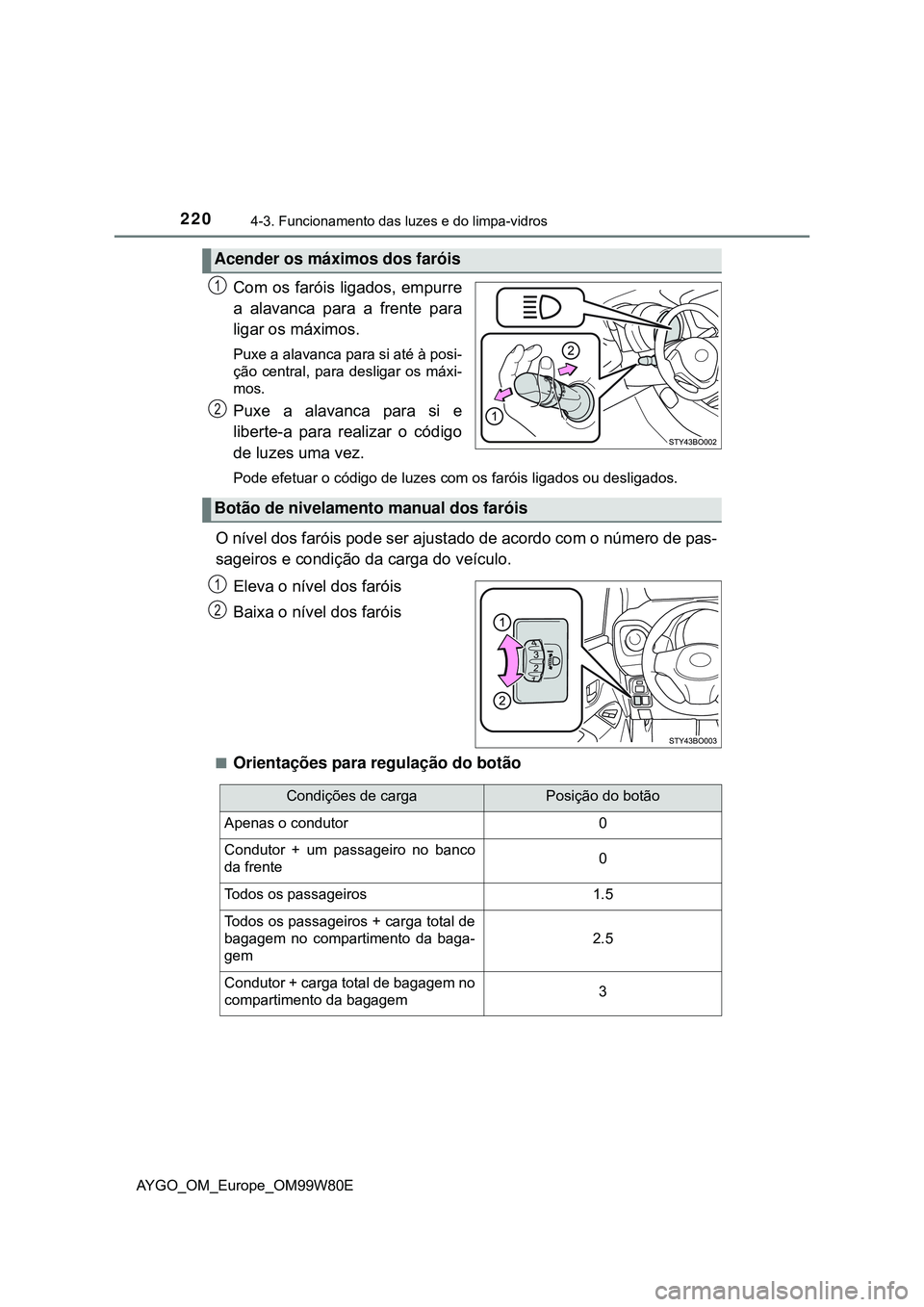 TOYOTA AYGO 2021 Manual de utilização (in Portuguese) 2204-3. Funcionamento das luzes e do limpa-vidros
AYGO_OM_Europe_OM99W80E
Com os faróis ligados, empurre
a alavanca para a frente para
ligar os máximos.
Puxe a alavanca para si até à posi-
ção c TOYOTA AYGO 2021 Manual de utilização (in Portuguese) 2204-3. Funcionamento das luzes e do limpa-vidros
AYGO_OM_Europe_OM99W80E
Com os faróis ligados, empurre
a alavanca para a frente para
ligar os máximos.
Puxe a alavanca para si até à posi-
ção c