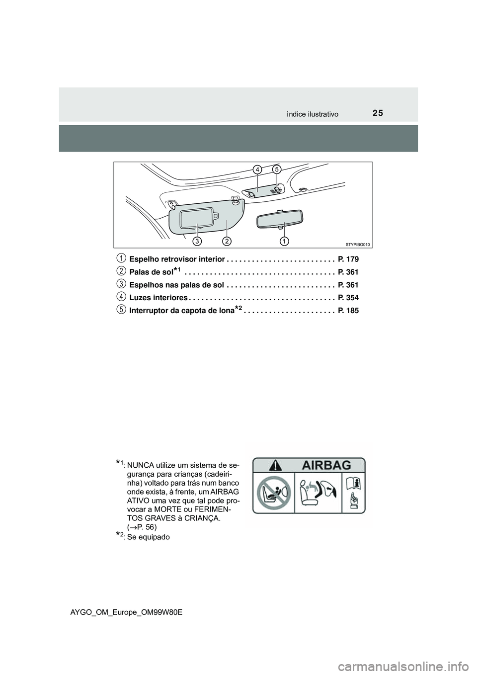 TOYOTA AYGO 2021 Manual de utilização (in Portuguese) 25ìndice ilustrativo
AYGO_OM_Europe_OM99W80EEspelho retrovisor interior . . . . . . . . . . . . . . . . . . . . . . . . . . P. 179
Palas de sol
*1 . . . . . . . . . . . . . . . . . . . . . . . . . . TOYOTA AYGO 2021 Manual de utilização (in Portuguese) 25ìndice ilustrativo
AYGO_OM_Europe_OM99W80EEspelho retrovisor interior . . . . . . . . . . . . . . . . . . . . . . . . . . P. 179
Palas de sol
*1 . . . . . . . . . . . . . . . . . . . . . . . . . .