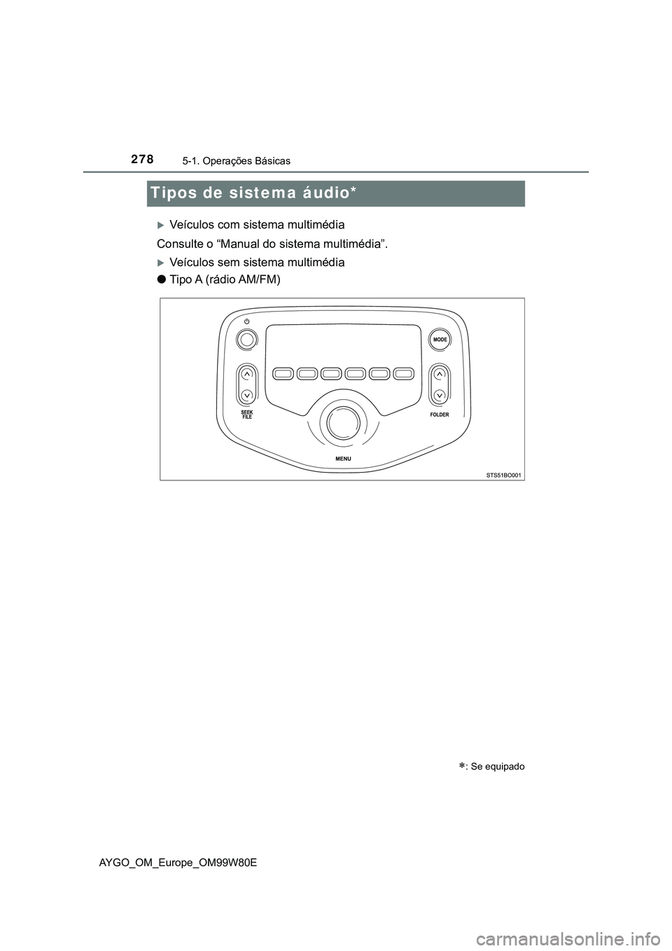 TOYOTA AYGO 2021 Manual de utilização (in Portuguese) 2785-1. Operações Básicas
AYGO_OM_Europe_OM99W80E
Tipos de sistema áudio*
Veículos com sistema multimédia
Consulte o “Manual do sistema multimédia”.
Veículos sem sistema multimédia
TOYOTA AYGO 2021 Manual de utilização (in Portuguese) 2785-1. Operações Básicas
AYGO_OM_Europe_OM99W80E
Tipos de sistema áudio*
Veículos com sistema multimédia
Consulte o “Manual do sistema multimédia”.
Veículos sem sistema multimédia