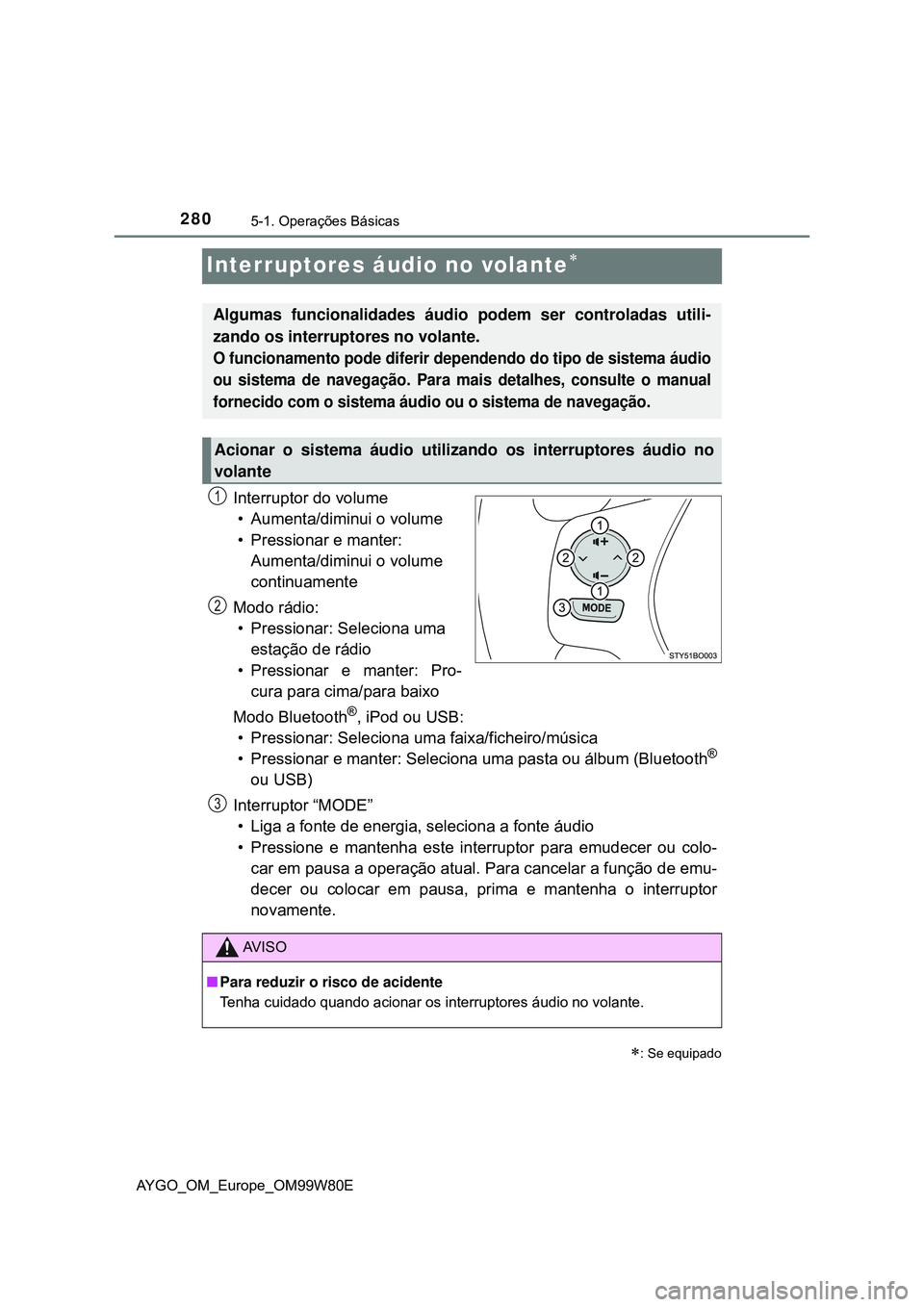 TOYOTA AYGO 2021 Manual de utilização (in Portuguese) 2805-1. Operações Básicas
AYGO_OM_Europe_OM99W80E
Interruptores áudio no volante
Interruptor do volume
• Aumenta/diminui o volume
• Pressionar e manter:
Aumenta/diminui o volume
continuamen TOYOTA AYGO 2021 Manual de utilização (in Portuguese) 2805-1. Operações Básicas
AYGO_OM_Europe_OM99W80E
Interruptores áudio no volante
Interruptor do volume
• Aumenta/diminui o volume
• Pressionar e manter:
Aumenta/diminui o volume
continuamen
