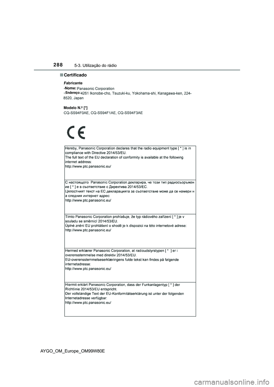TOYOTA AYGO 2021  Manual de utilização (in Portuguese) 2885-3. Utilização do rádio
AYGO_OM_Europe_OM99W80ECertificado
Fabricante
Nome:Endereço:
Modelo N.º [*] 