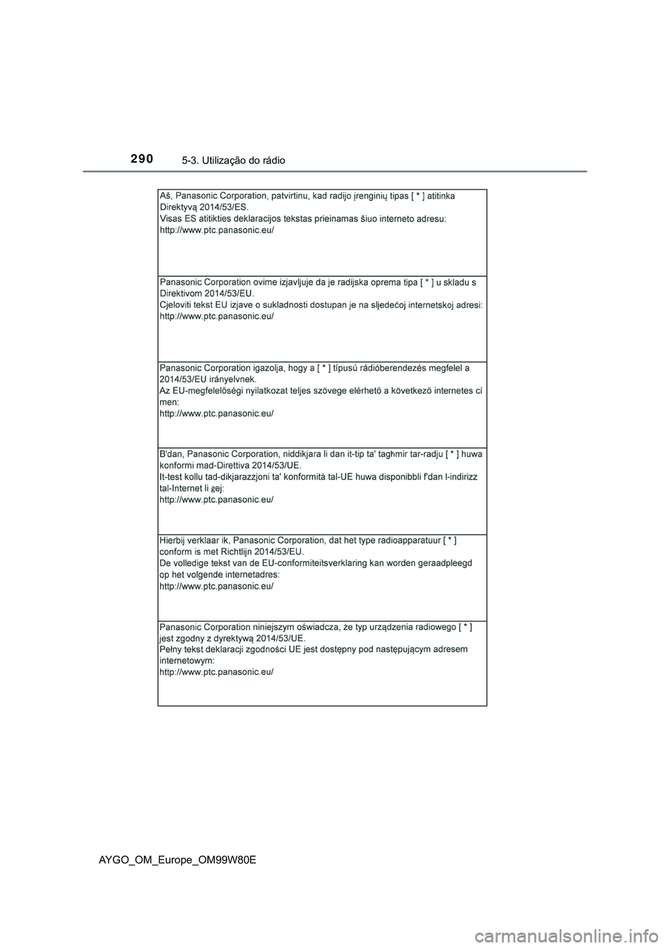 TOYOTA AYGO 2021  Manual de utilização (in Portuguese) 2905-3. Utilização do rádio
AYGO_OM_Europe_OM99W80E 
