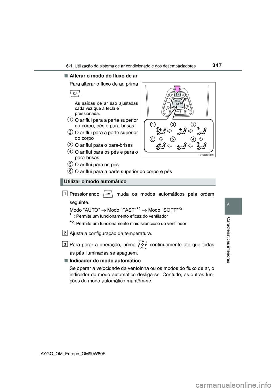 TOYOTA AYGO 2021 Manual de utilização (in Portuguese) 3476-1. Utilização do sistema de ar condicionado e dos desembaciadores
6
Características interiores
AYGO_OM_Europe_OM99W80E
Alterar o modo do fluxo de ar
Para alterar o fluxo de ar, prima
.
As s TOYOTA AYGO 2021 Manual de utilização (in Portuguese) 3476-1. Utilização do sistema de ar condicionado e dos desembaciadores
6
Características interiores
AYGO_OM_Europe_OM99W80E
Alterar o modo do fluxo de ar
Para alterar o fluxo de ar, prima
.
As s