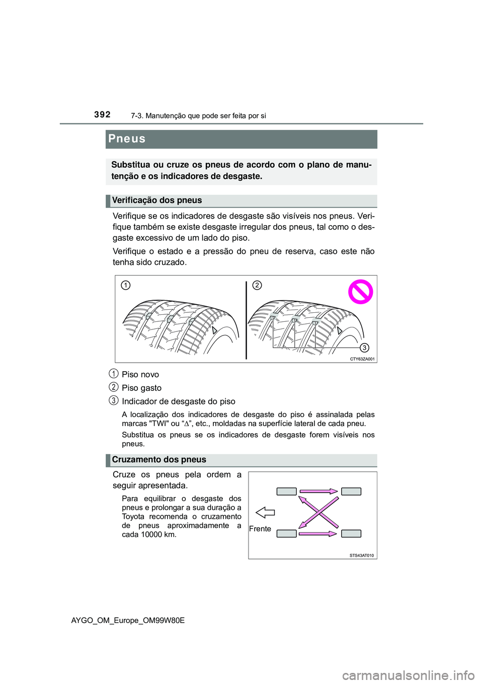 TOYOTA AYGO 2021 Manual de utilização (in Portuguese) 3927-3. Manutenção que pode ser feita por si
AYGO_OM_Europe_OM99W80E
Pneus
Verifique se os indicadores de desgaste são visíveis nos pneus. Veri-
fique também se existe desgaste irregular dos pneu TOYOTA AYGO 2021 Manual de utilização (in Portuguese) 3927-3. Manutenção que pode ser feita por si
AYGO_OM_Europe_OM99W80E
Pneus
Verifique se os indicadores de desgaste são visíveis nos pneus. Veri-
fique também se existe desgaste irregular dos pneu