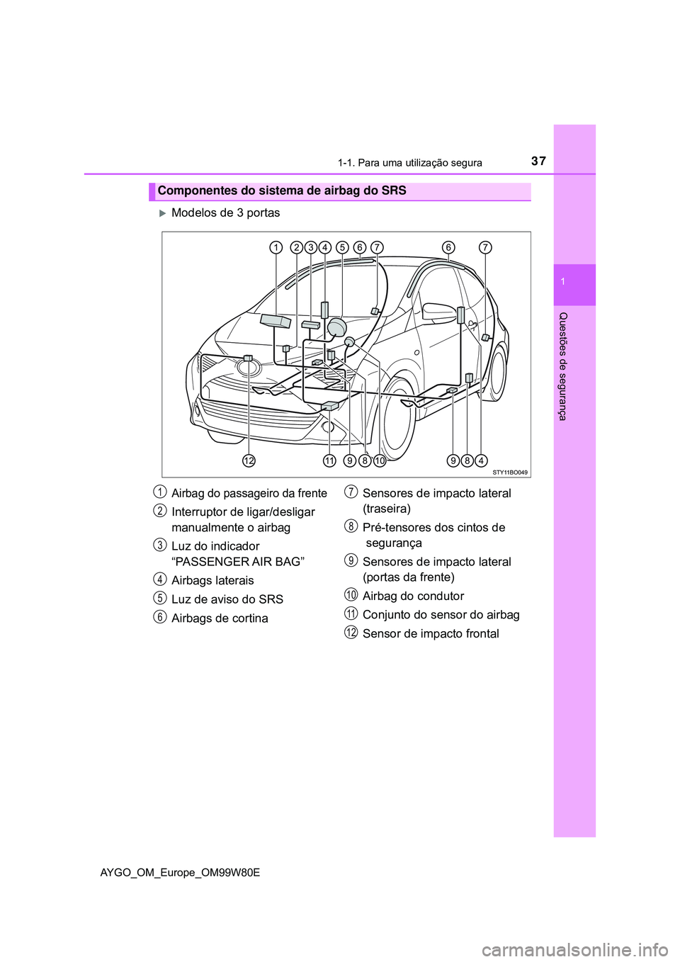 TOYOTA AYGO 2021 Manual de utilização (in Portuguese) 371-1. Para uma utilização segura
1
Questões de segurança
AYGO_OM_Europe_OM99W80E
Modelos de 3 portas
Componentes do sistema de airbag do SRS
Airbag do passageiro da frente
Interruptor de ligar TOYOTA AYGO 2021 Manual de utilização (in Portuguese) 371-1. Para uma utilização segura
1
Questões de segurança
AYGO_OM_Europe_OM99W80E
Modelos de 3 portas
Componentes do sistema de airbag do SRS
Airbag do passageiro da frente
Interruptor de ligar