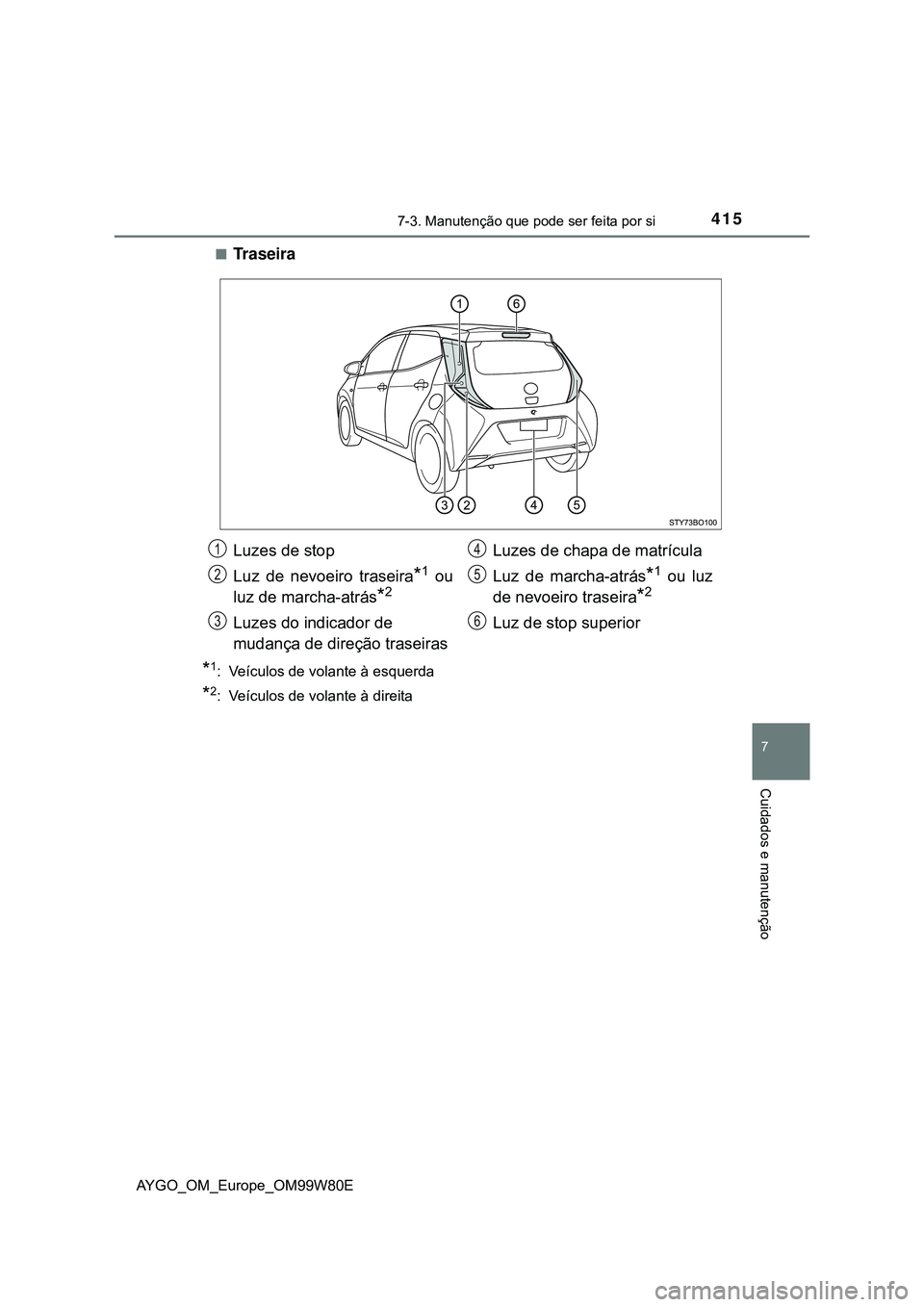 TOYOTA AYGO 2021 Manual de utilização (in Portuguese) 4157-3. Manutenção que pode ser feita por si
7
Cuidados e manutenção
AYGO_OM_Europe_OM99W80E
Traseira
*1: Veículos de volante à esquerda
*2: Veículos de volante à direita
Luzes de stop
Luz TOYOTA AYGO 2021 Manual de utilização (in Portuguese) 4157-3. Manutenção que pode ser feita por si
7
Cuidados e manutenção
AYGO_OM_Europe_OM99W80E
Traseira
*1: Veículos de volante à esquerda
*2: Veículos de volante à direita
Luzes de stop
Luz