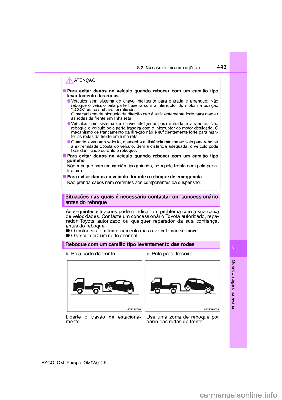TOYOTA AYGO 2021 Manual de utilização (in Portuguese) 4438-2. No caso de uma emergência
8
Quando surge uma avaria
AYGO_OM_Europe_OM9A012E
As seguintes situações podem indicar um problema com a sua caixa
de velocidades. Contacte um concessionário Toyo TOYOTA AYGO 2021 Manual de utilização (in Portuguese) 4438-2. No caso de uma emergência
8
Quando surge uma avaria
AYGO_OM_Europe_OM9A012E
As seguintes situações podem indicar um problema com a sua caixa
de velocidades. Contacte um concessionário Toyo