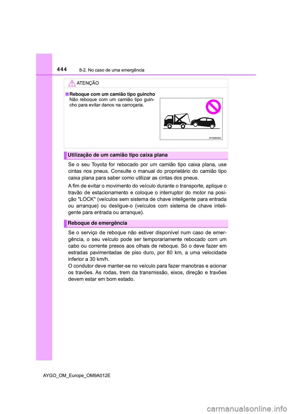 TOYOTA AYGO 2021 Manual de utilização (in Portuguese) 4448-2. No caso de uma emergência
AYGO_OM_Europe_OM9A012E
Se o seu Toyota for rebocado por um camião tipo caixa plana, use
cintas nos pneus. Consulte o manual do proprietário do camião tipo
caixa TOYOTA AYGO 2021 Manual de utilização (in Portuguese) 4448-2. No caso de uma emergência
AYGO_OM_Europe_OM9A012E
Se o seu Toyota for rebocado por um camião tipo caixa plana, use
cintas nos pneus. Consulte o manual do proprietário do camião tipo
caixa