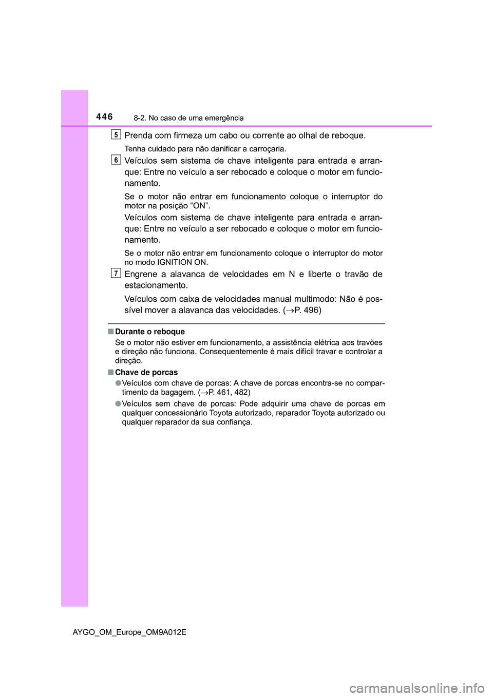 TOYOTA AYGO 2021 Manual de utilização (in Portuguese) 4468-2. No caso de uma emergência
AYGO_OM_Europe_OM9A012E
Prenda com firmeza um cabo ou corrente ao olhal de reboque.
Tenha cuidado para não danificar a carroçaria.
Veículos sem sistema de chave i TOYOTA AYGO 2021 Manual de utilização (in Portuguese) 4468-2. No caso de uma emergência
AYGO_OM_Europe_OM9A012E
Prenda com firmeza um cabo ou corrente ao olhal de reboque.
Tenha cuidado para não danificar a carroçaria.
Veículos sem sistema de chave i