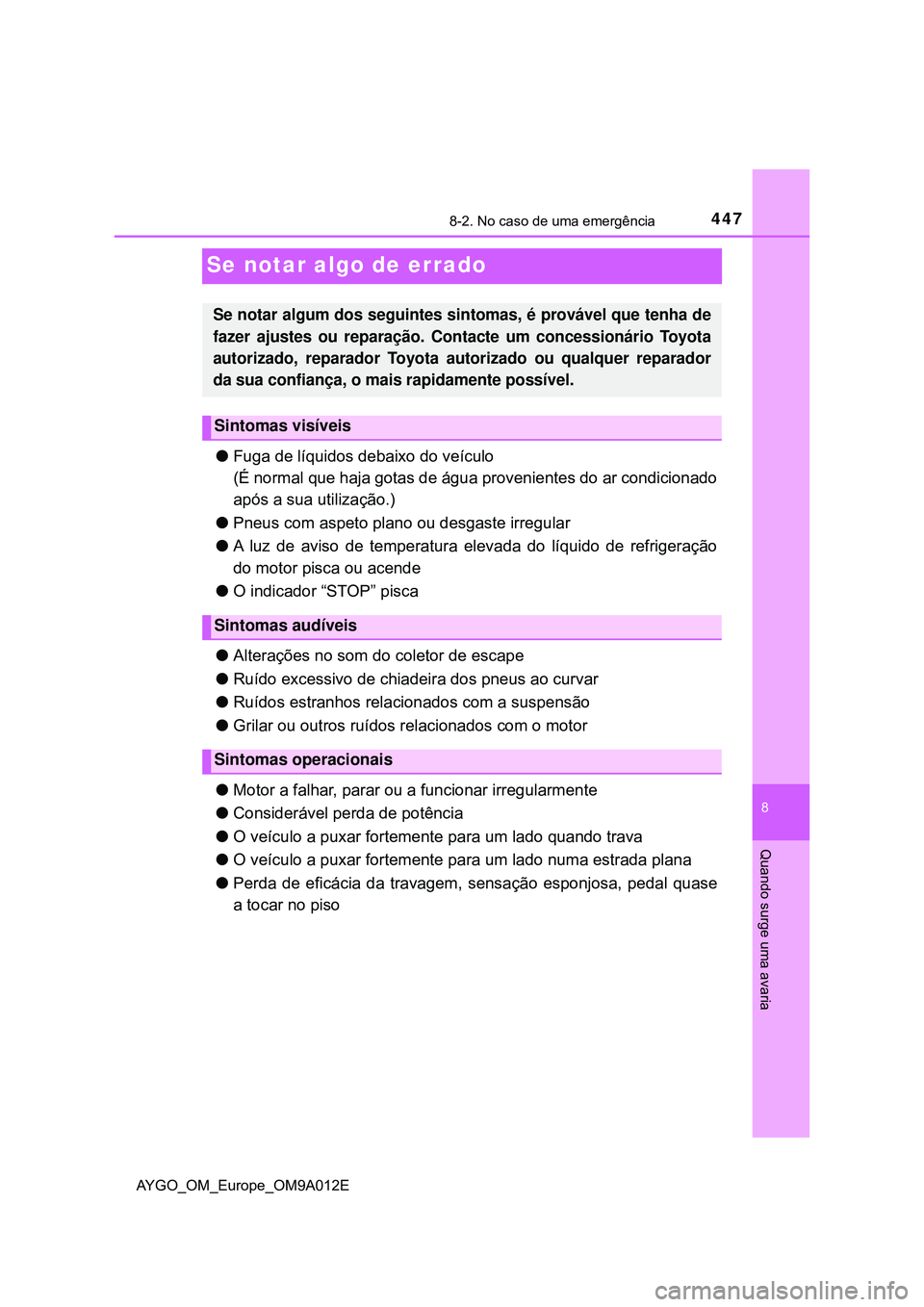 TOYOTA AYGO 2021 Manual de utilização (in Portuguese) 4478-2. No caso de uma emergência
8
Quando surge uma avaria
AYGO_OM_Europe_OM9A012E
Se notar algo de errado
Fuga de líquidos debaixo do veículo
(É normal que haja gotas de água provenientes d TOYOTA AYGO 2021 Manual de utilização (in Portuguese) 4478-2. No caso de uma emergência
8
Quando surge uma avaria
AYGO_OM_Europe_OM9A012E
Se notar algo de errado
Fuga de líquidos debaixo do veículo
(É normal que haja gotas de água provenientes d