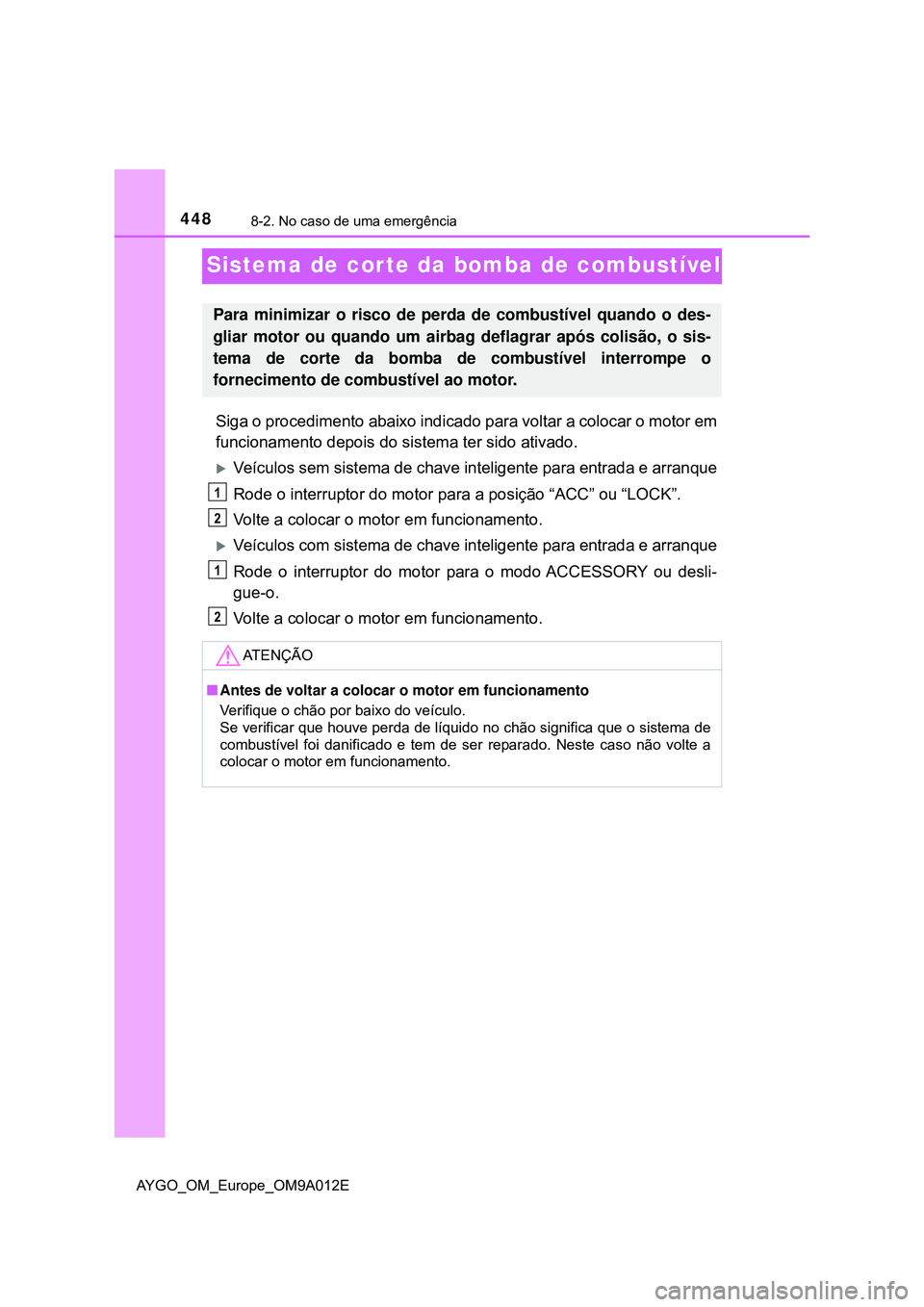 TOYOTA AYGO 2021 Manual de utilização (in Portuguese) 4488-2. No caso de uma emergência
AYGO_OM_Europe_OM9A012E
Sistema de corte da bomba de combustível
Siga o procedimento abaixo indicado para voltar a colocar o motor em
funcionamento depois do sistem TOYOTA AYGO 2021 Manual de utilização (in Portuguese) 4488-2. No caso de uma emergência
AYGO_OM_Europe_OM9A012E
Sistema de corte da bomba de combustível
Siga o procedimento abaixo indicado para voltar a colocar o motor em
funcionamento depois do sistem